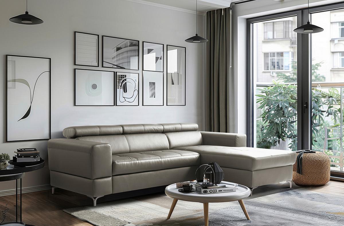 Ecksofa Torino Echtleder Schlammfarben 247x173 - Schlammfarben/Schwarz, Design, Leder/Textil (247/173cm) - Livetastic