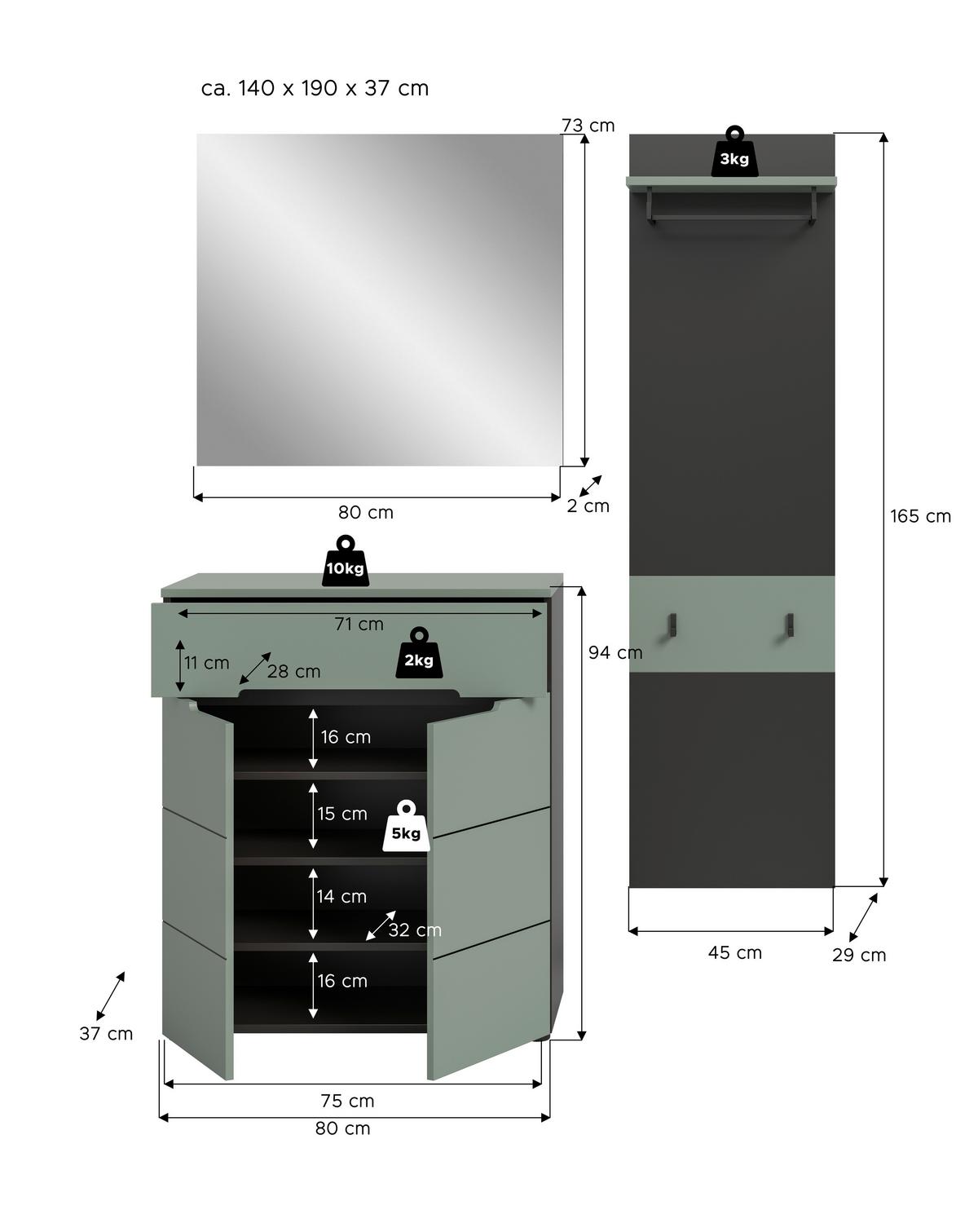 Garderobe Canu 3-Teilig Grau/Grün B: 140 cm - Design, Holzwerkstoff (140/190/37cm) - Livetastic