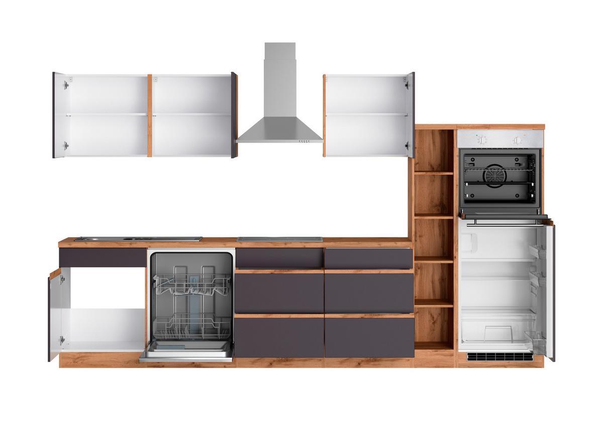 Küchenzeile Turin mit Geräten B: 330cm Grau/Wotaneiche Dekor - Eiche Wotan/Grau, Design, Holzwerkstoff (330cm) - Held