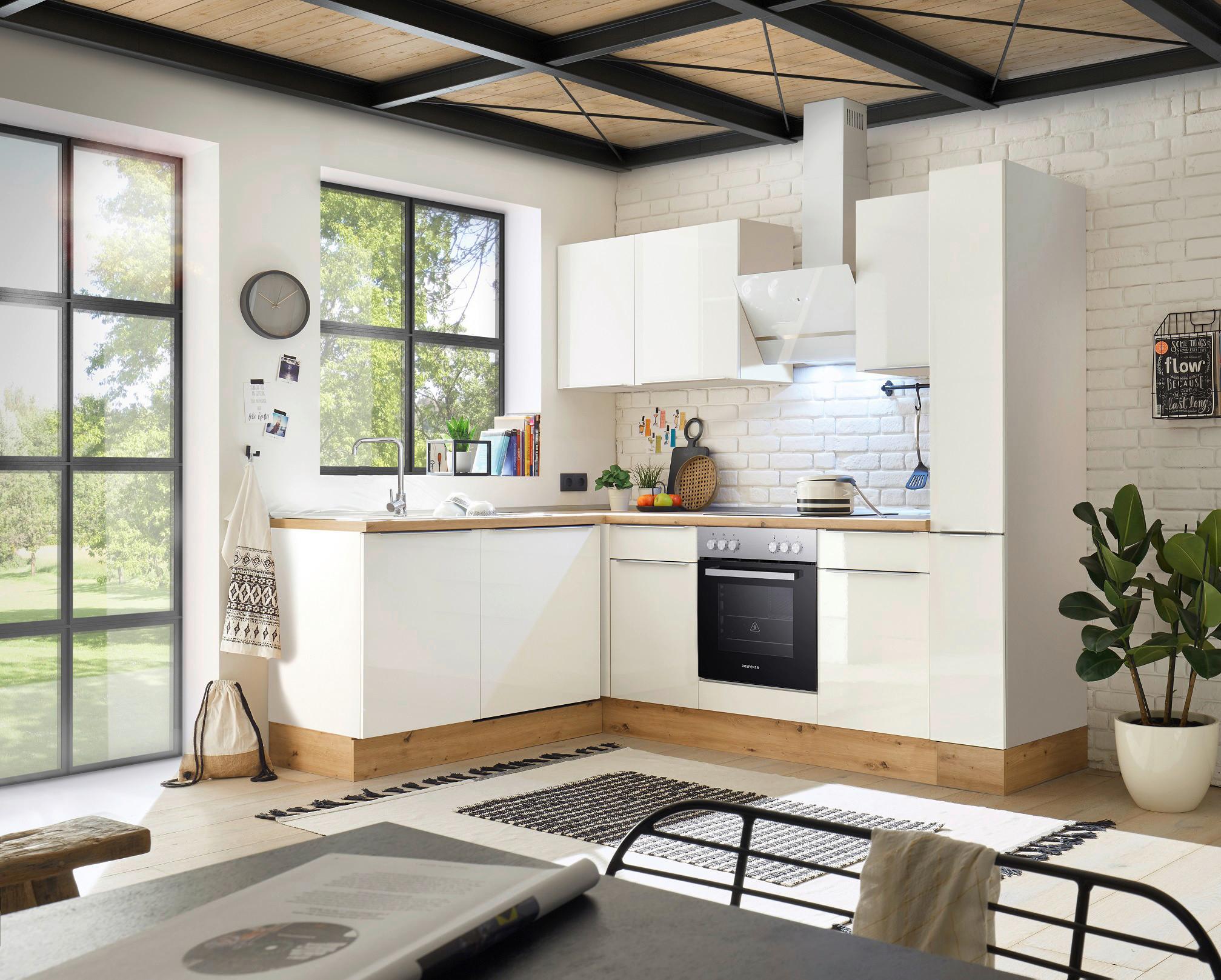 Eckküche mit Geräten 250x170 cm Weiß/Eiche Dekor, Modern