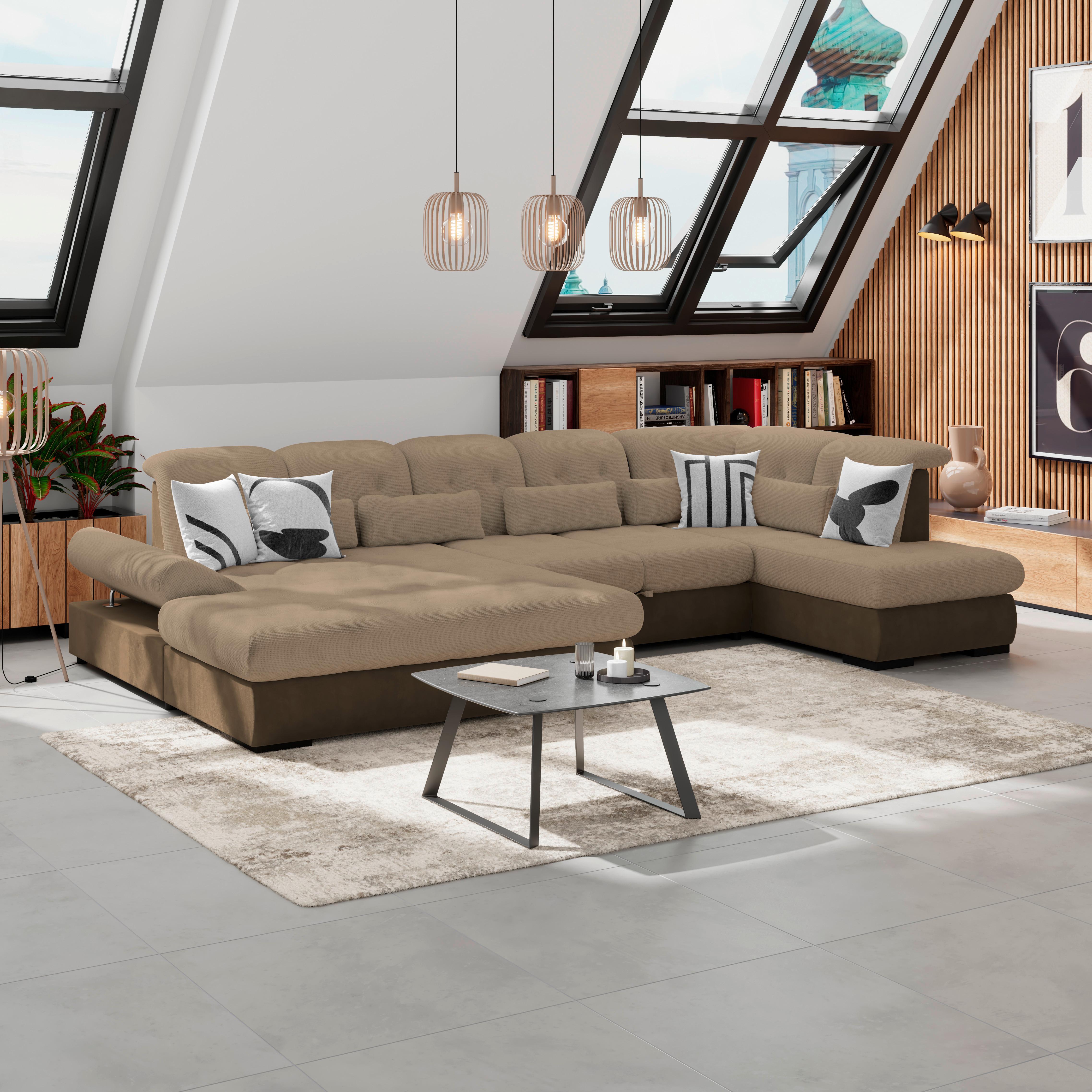 Wohnlandschaft Madera Braun, S: 358x212 cm - Hellbraun/Dunkelbraun, KONVENTIONELL, Kunststoff/Textil (190/358/212cm)