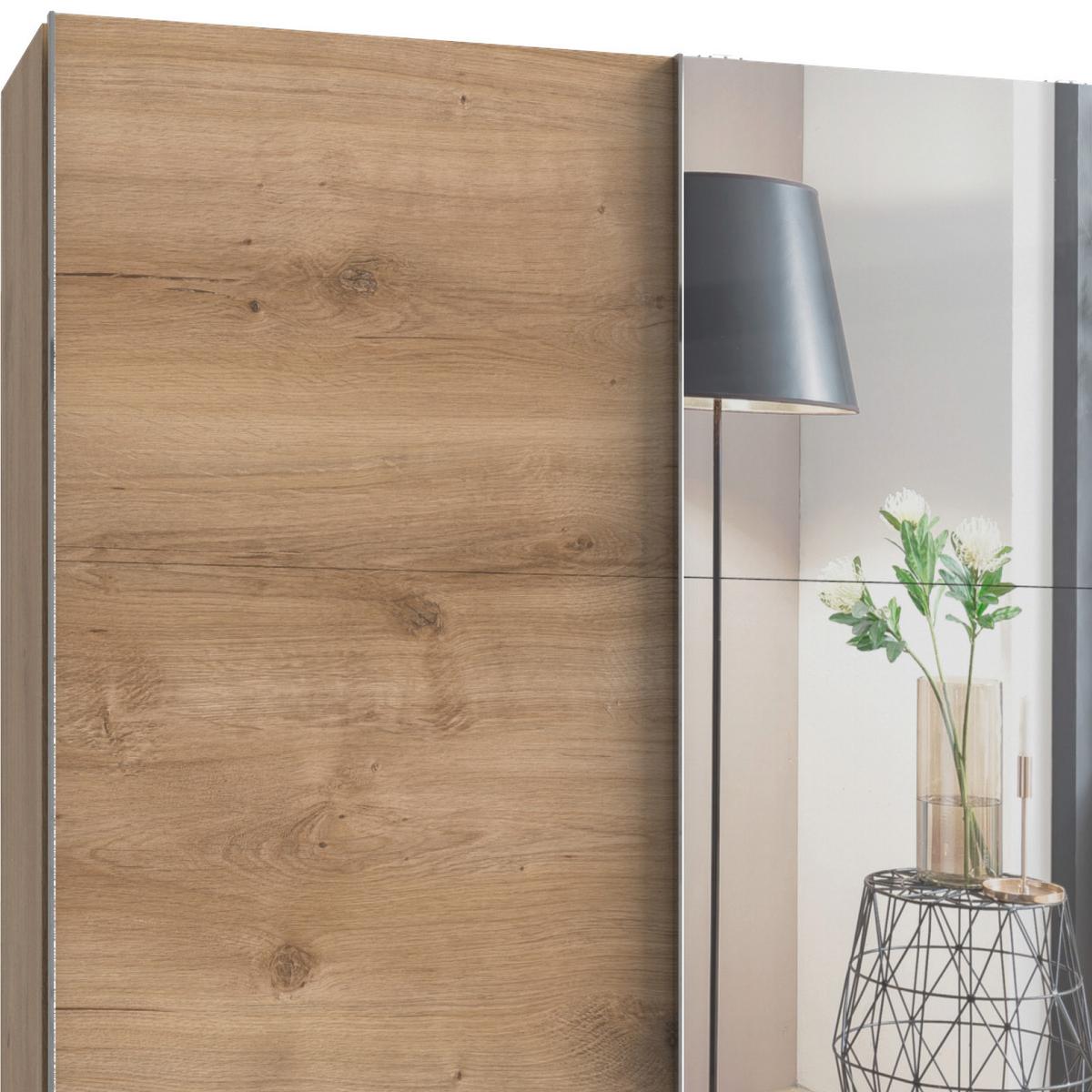 Schwebetürenschrank Mit Spiegel + Laden 350cm Level 36a, Eiche - Eichefarben, Basics, Holzwerkstoff (350/216/65cm) - MID.YOU