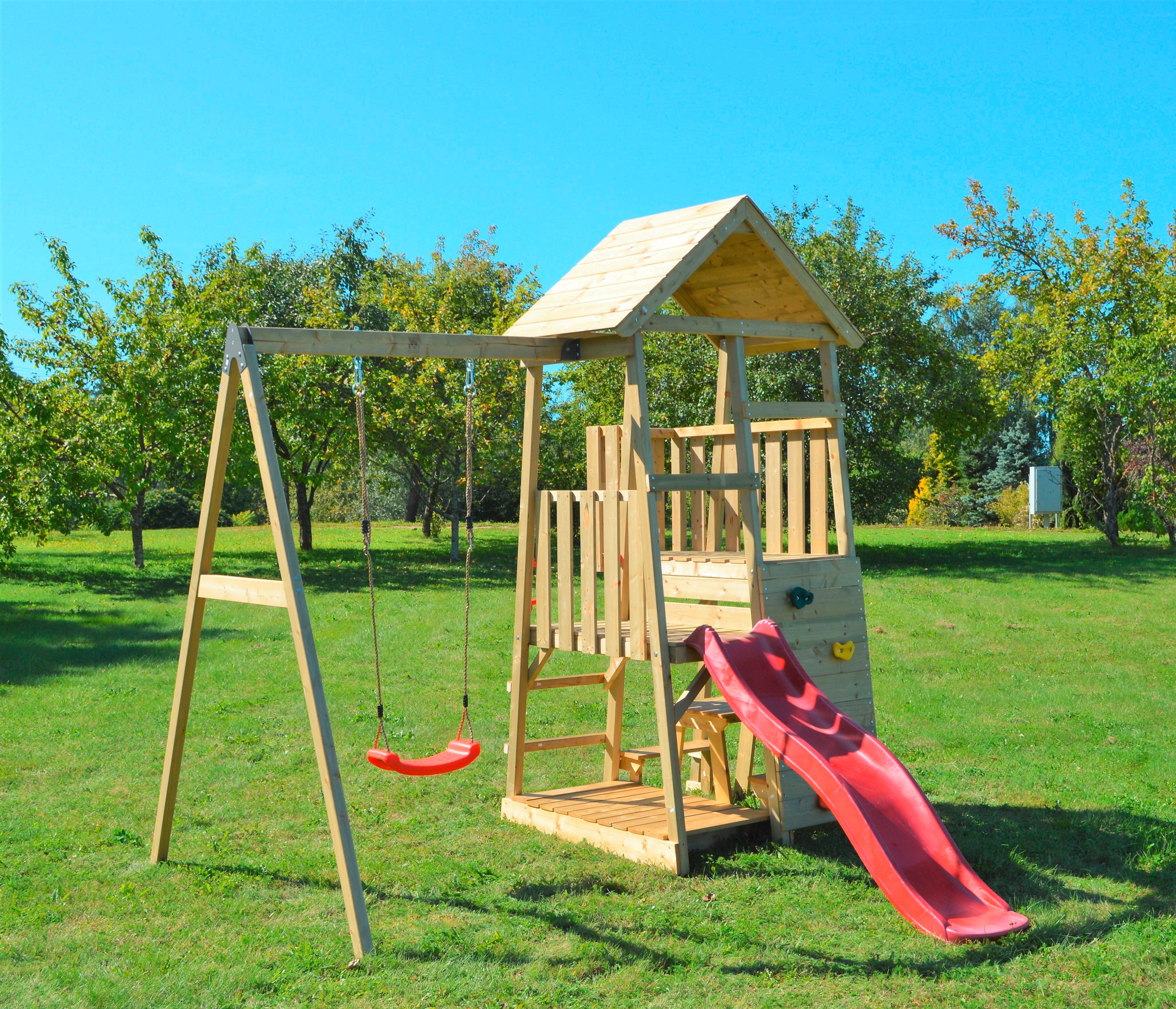 Spielturm Gorilla Naturfarben/rot, B: 270 Cm - Rot/Naturfarben, KONVENTIONELL, Holz (270/270/290cm)