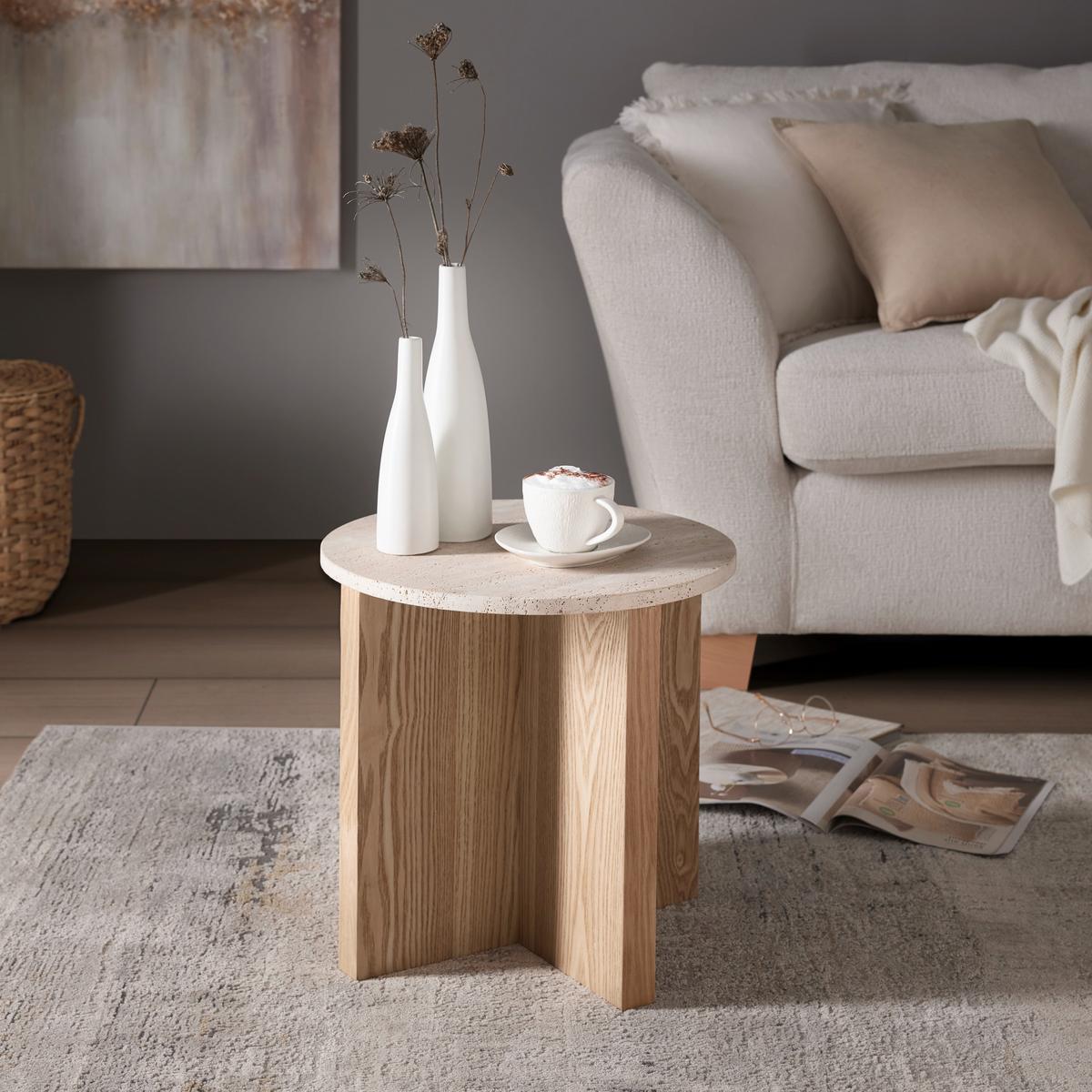 Príručný stolík MATERA p. 40 cm - prírodná farba, Modern, kompozitné drevo/kameň (40/39cm) - Premium Living