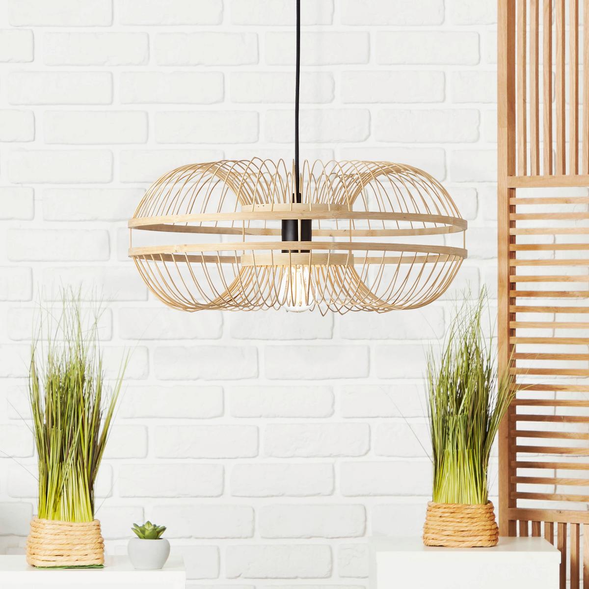 Hängeleuchte Busan H: 100 cm 1-Flammig, Holz-Schirm - Schwarz/Naturfarben, Natur, Holz/Metall (48/48/100cm) - Brilliant