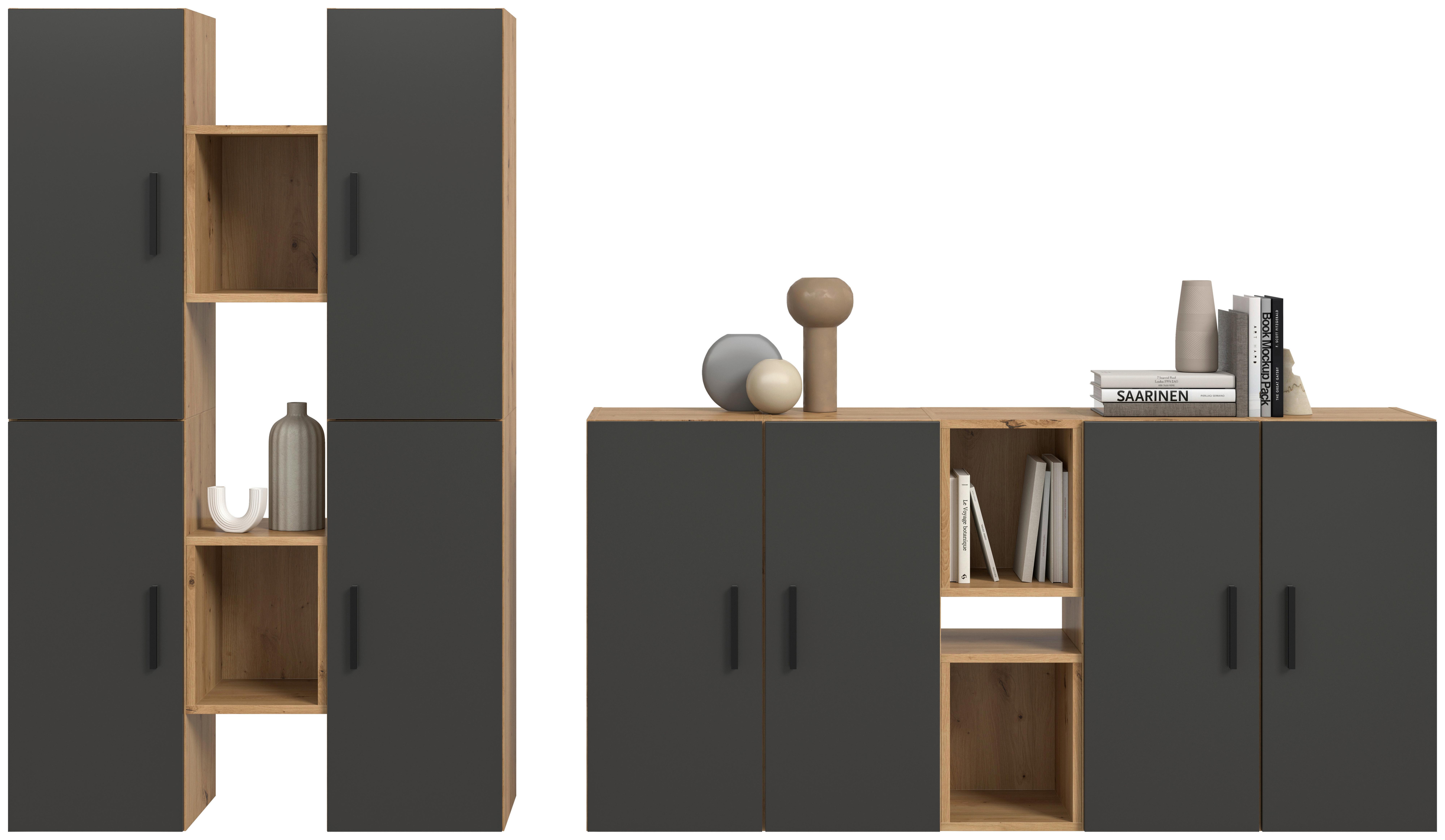 Wohnwand, The One 5, B: 270 Cm Grau/artisan Eiche Dekor - Schwarz/Eiche Artisan, Trend, Holzwerkstoff (270/182/34cm)