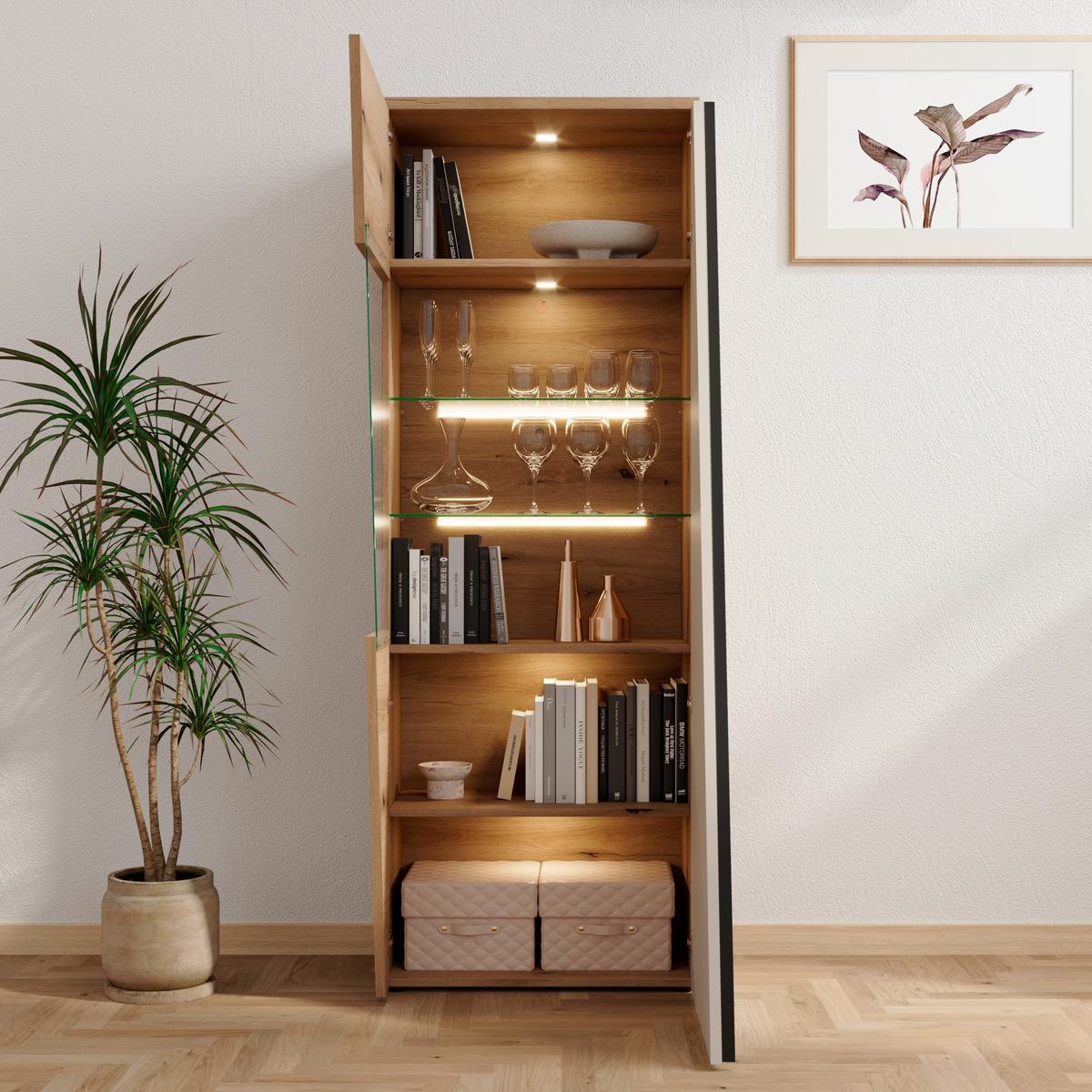 Vitrine Venedig NEW Eichefarben/Kaschmir B: 70 cm - Kaschmir/Eichefarben, MODERN, Glas/Holzwerkstoff (70/196/37cm)