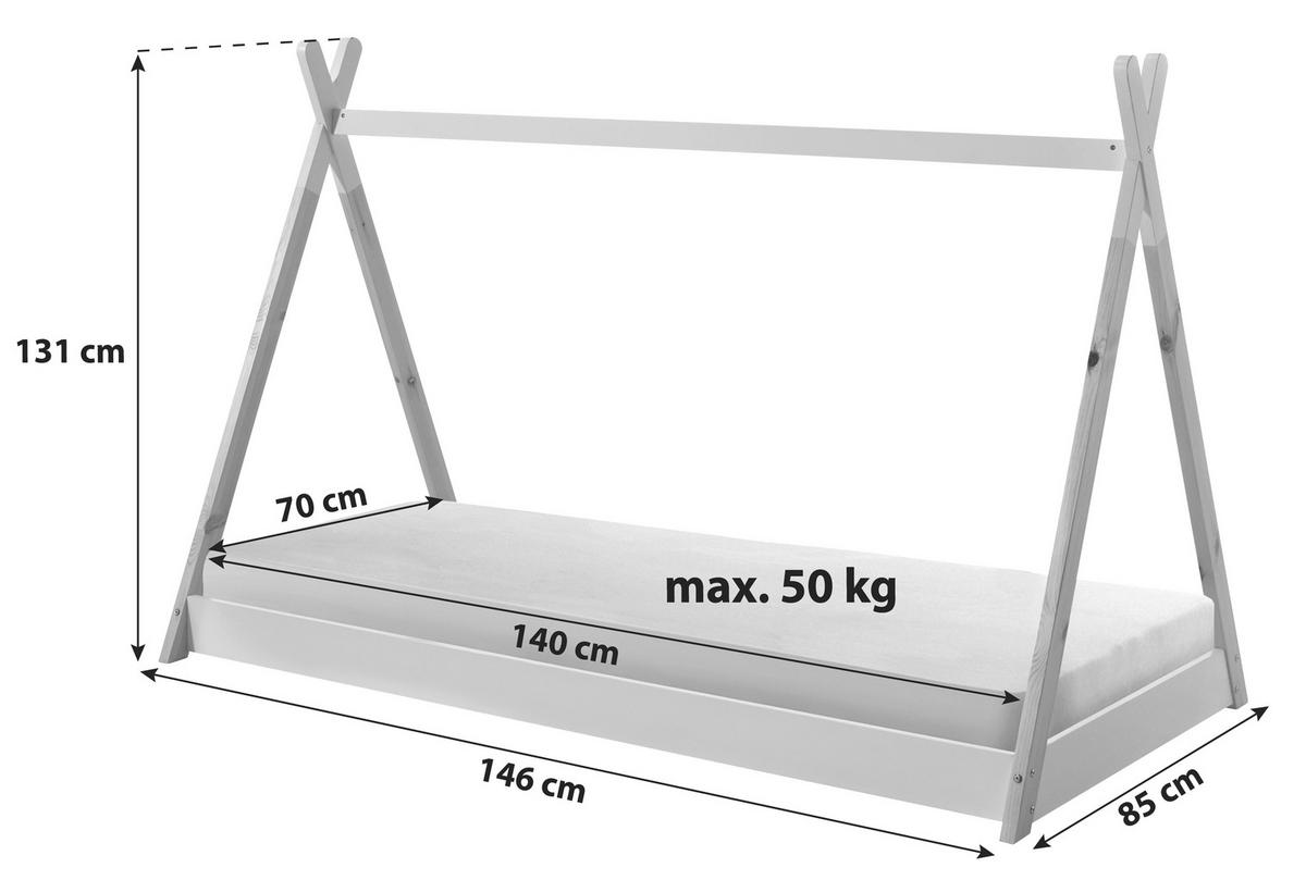 Hausbett Tipi 70x140 cm Kiefer Weiß - Weiß/Kieferfarben, MODERN, Holz/Holzwerkstoff (70/140cm) - MID.YOU