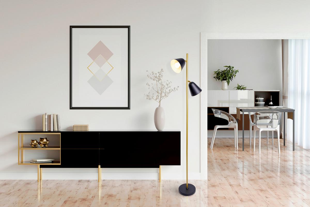 Stehlampe Triton Schwarz / Goldfarben mit Kippschalter - Goldfarben/Schwarz, Design, Kunststoff (145cm) - Näve