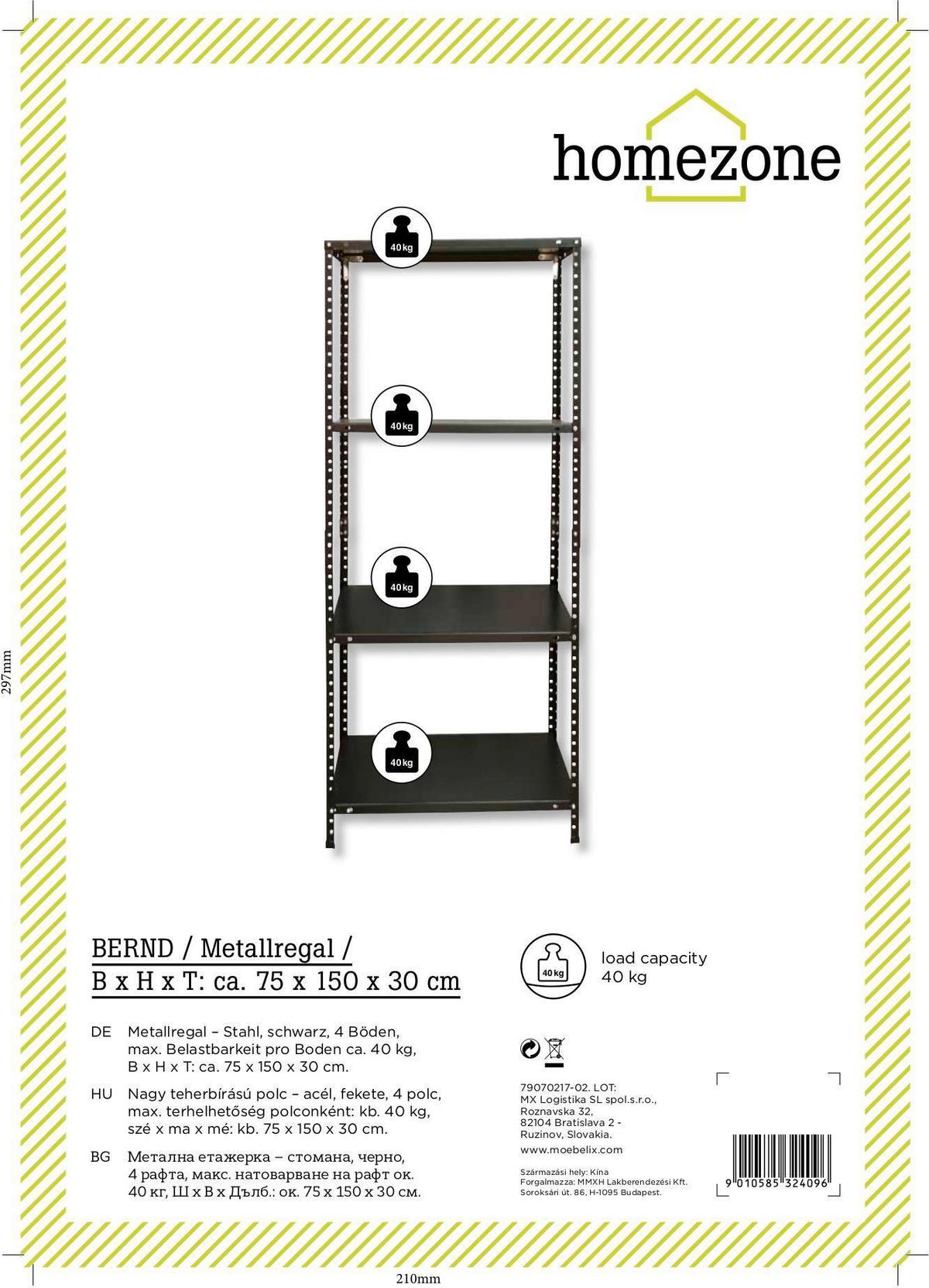 Schraubregal Stahl 75x150x30 cm 40kg/Boden - Schwarz, MODERN, Metall (75/150/30cm) - Homezone
