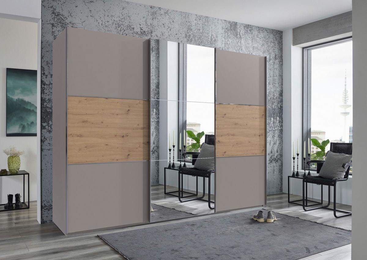 Schwebetürenschrank Indian A Sahara/Eiche Artisan, B: 300cm - Weiß, KONVENTIONELL, Glas/Holzwerkstoff (300/216/65cm)