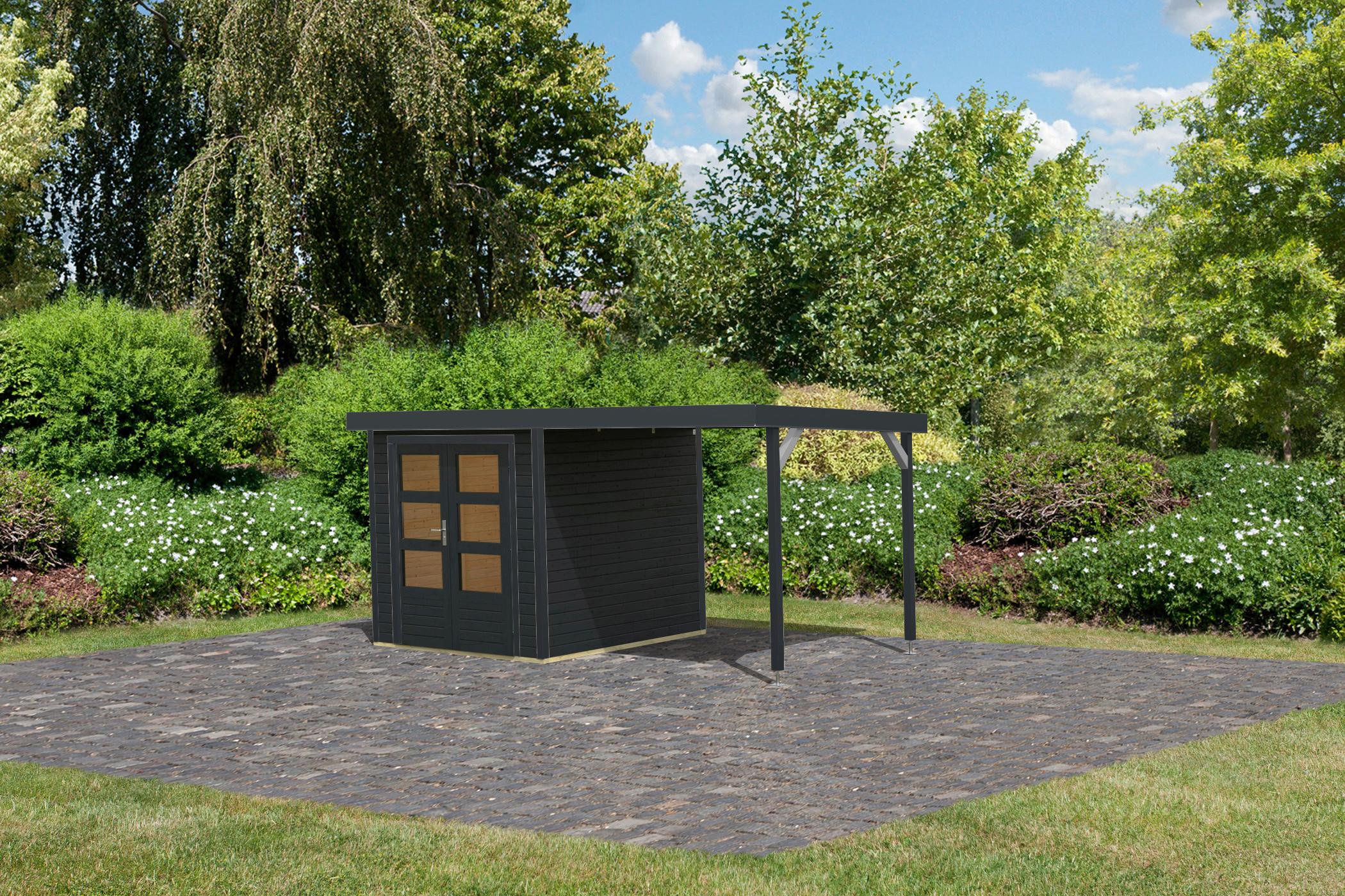 Gartenhaus Gaia 2 anthrazit,  mit Anbaudach
