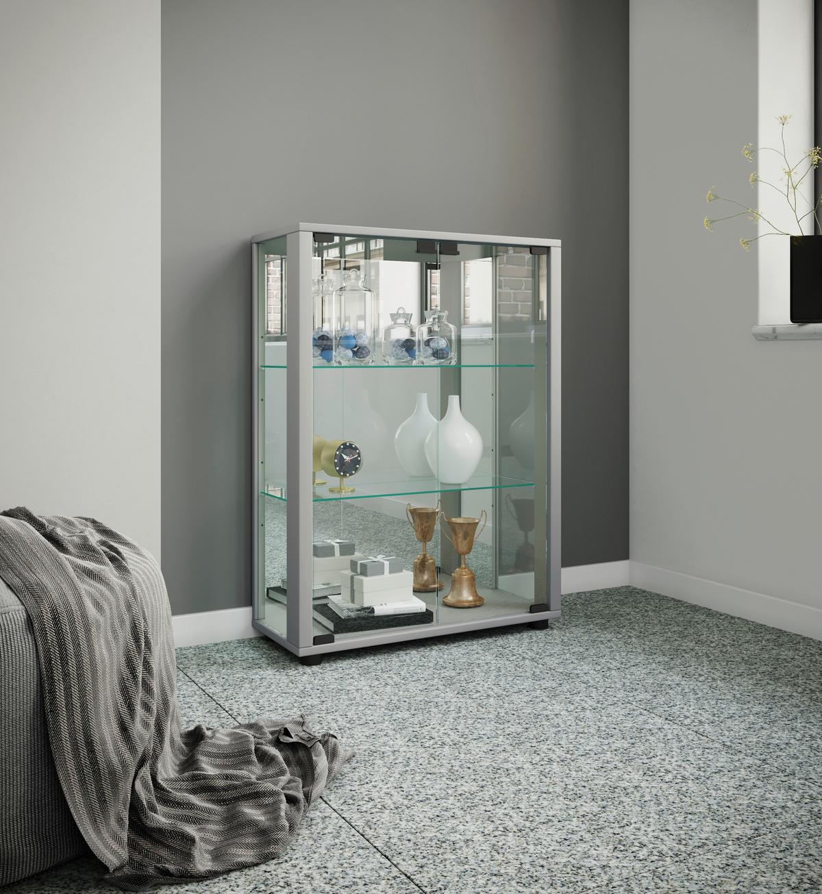 Vitrine Sintalo Silberfarben B: 60 Cm - Silberfarben/Schwarz, MODERN, Glas/Holzwerkstoff (60/80/25cm) - MID.YOU