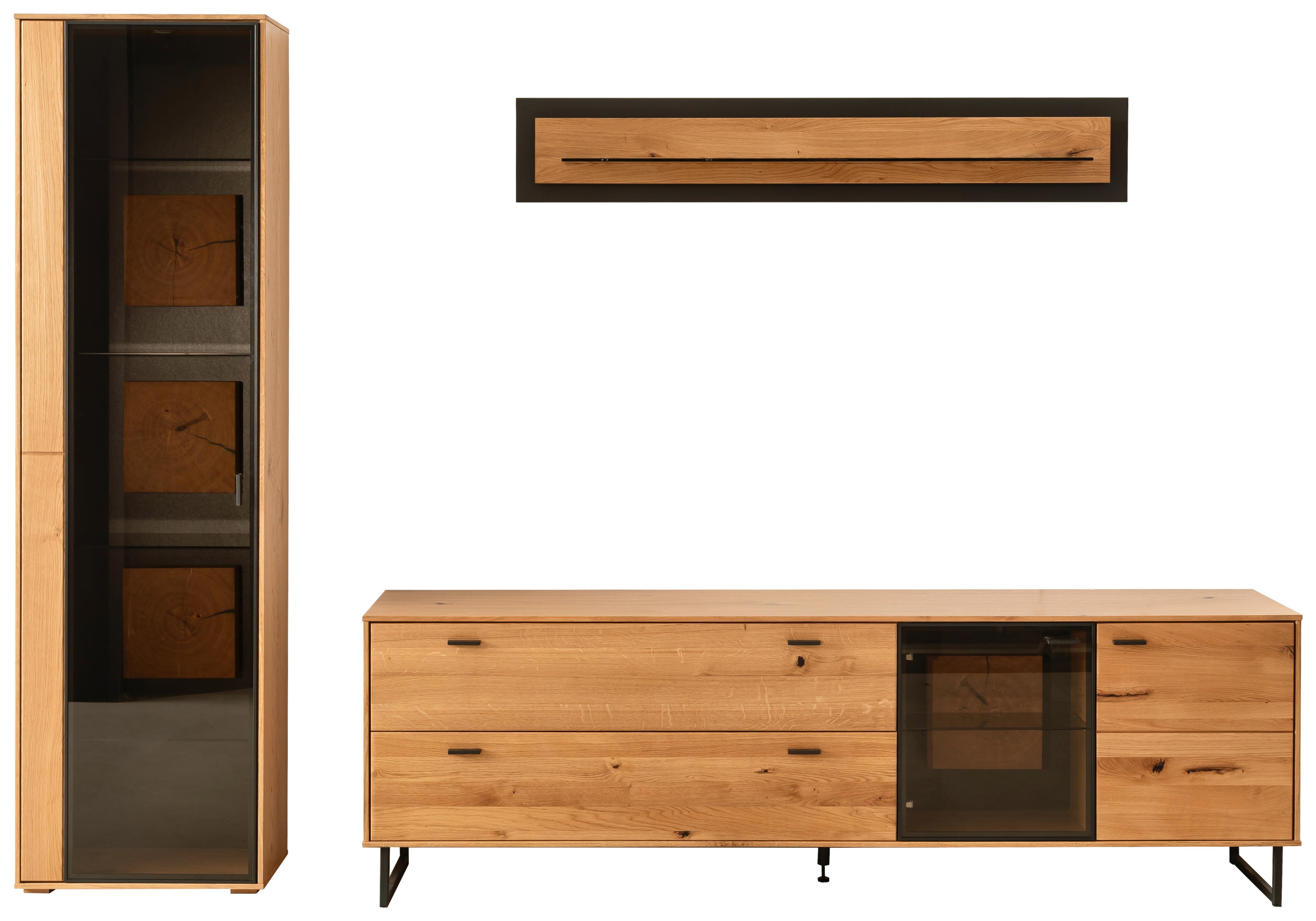 Wohnwand Assini 3-Teilig Wildeiche B: 286 cm - Wildeiche/Schwarz, Design, Glas/Holz (286/206/50cm) - MID.YOU