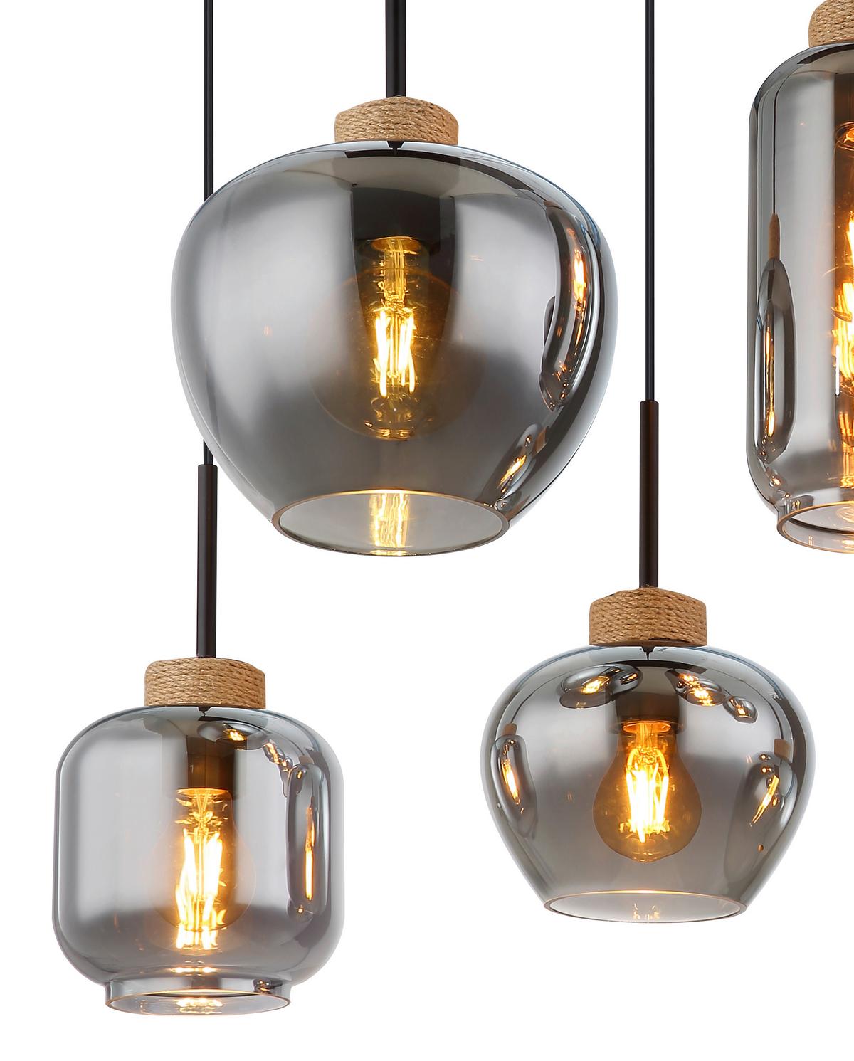 Hängeleuchte 6-Flammig Indoor - Schwarz/Naturfarben, Design, Glas/Textil (80/40/120cm) - Globo
