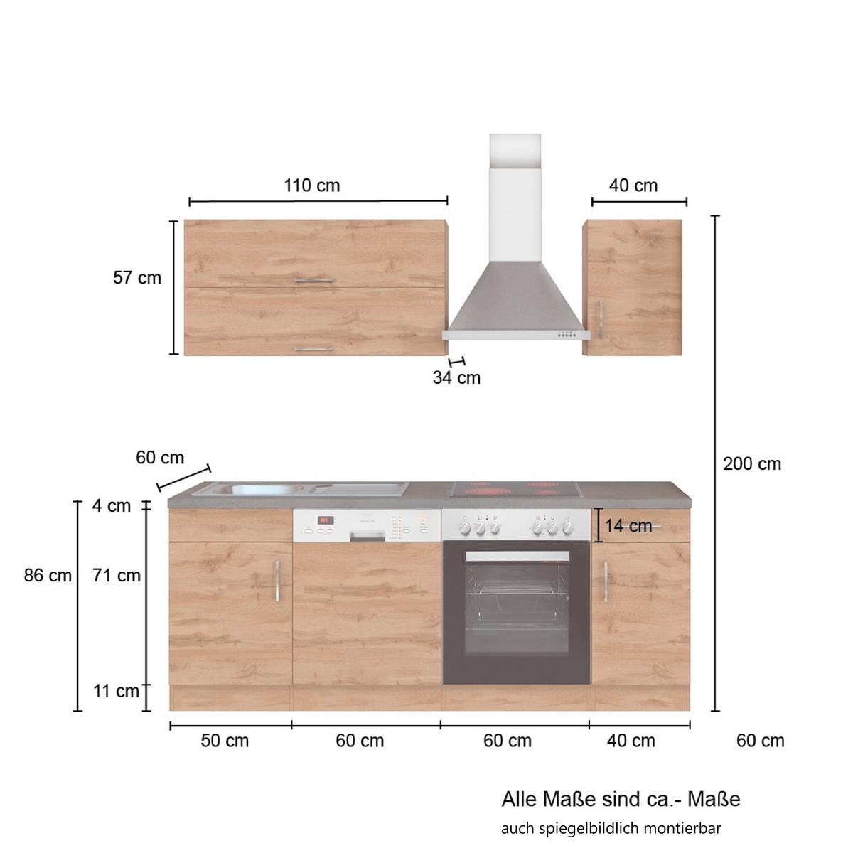 Küchenzeile Sorrento ohne Geräte 210 cm Weiß - Eiche Wotan/Weiß, MODERN, Holzwerkstoff (210cm) - Held