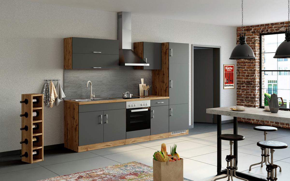 Küchenzeile Sorrento Mit Geräten B: 270 cm Anthrazit - Eichefarben/Anthrazit, MODERN, Holzwerkstoff (270/200/60cm) - Held