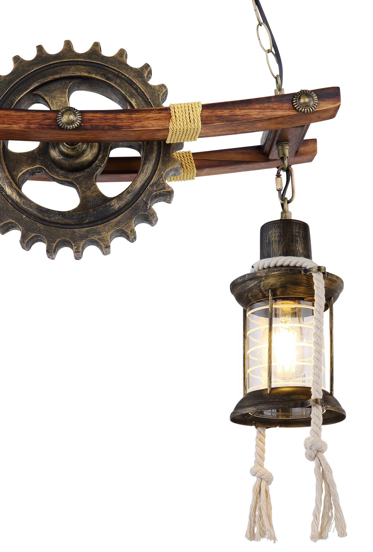 Hängeleuchte H: 110 cm 2-Flammig, mit Zahnrad - Klar/Messingfarben, Design, Glas/Naturmaterialien (62/20/110cm) - Globo