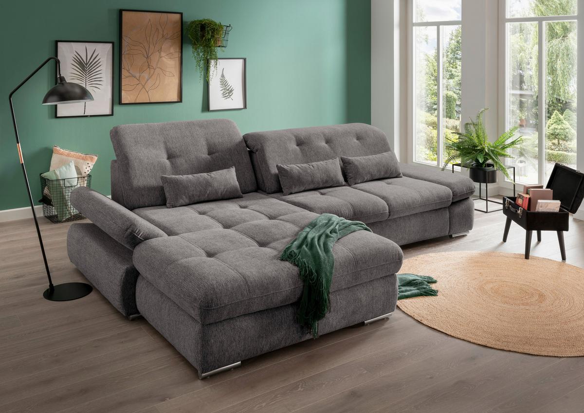 Ecksofa mit Schlaffunktion Dalida Braun/Grau Chenille - Chromfarben/Graubraun, Design, Textil (196/300cm) - Livetastic