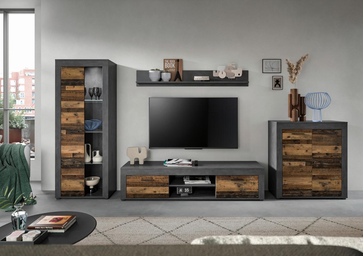 Wohnwand Jam Old Wood Dekor 4-teilig B: ca. 330 cm - Schwarz/Naturfarben, Design, Glas/Holzwerkstoff (330/159/35cm) - MID.YOU