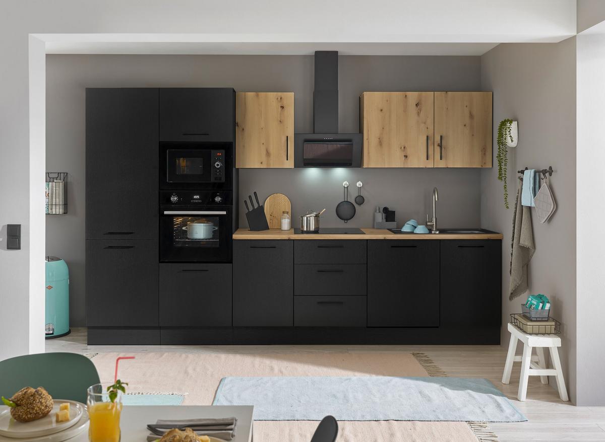 Küchenblock Turin Schwarz/eiche Dekor B: 340 Cm - Schwarz/Eiche Artisan, Basics, Holzwerkstoff (340cm) - MID.YOU
