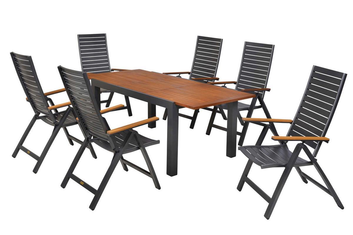 Gartentischgruppe 7-teilig. Set - Graphitfarben/Naturfarben, KONVENTIONELL, Holz/Kunststoff - Gardenson