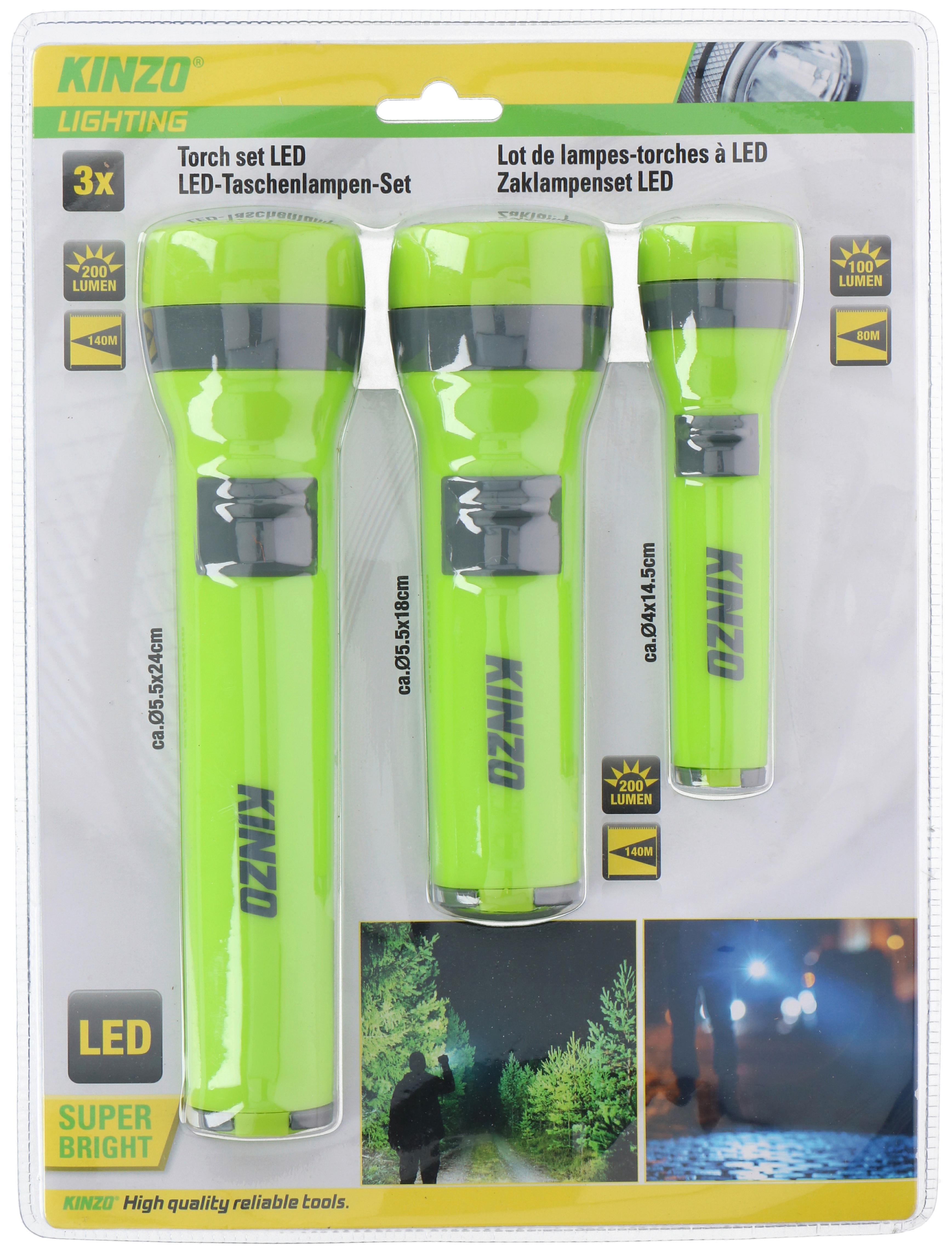 Taschenlampen Set Kinzo 200lm, Leuchtweite 14m, 3--Teilig.