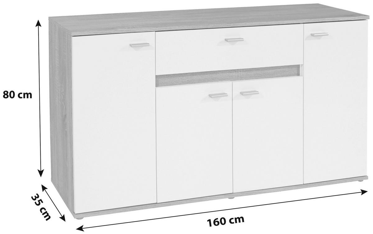 Kommode Carmen Artisan/ Weiß B: 160 Cm - Silberfarben/Weiß, Trend, Holzwerkstoff (160/80/35cm) - Based
