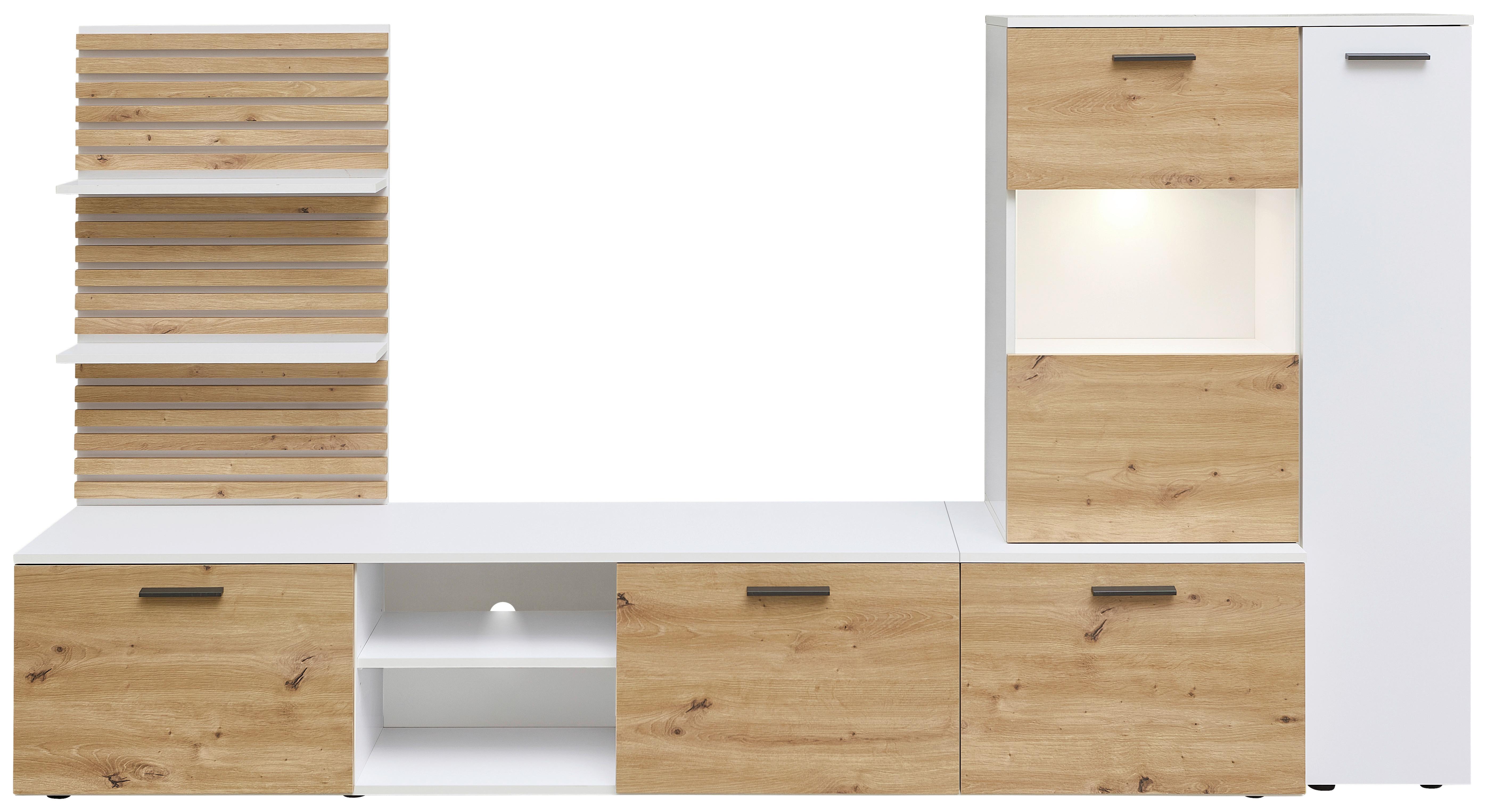 Wohnwand Heathrow, Weiß, Eiche Artisan Dekor,b: 250 Cm - Schwarz/Weiß, Design, Glas/Holzwerkstoff (250/135/38cm) - MID.YOU