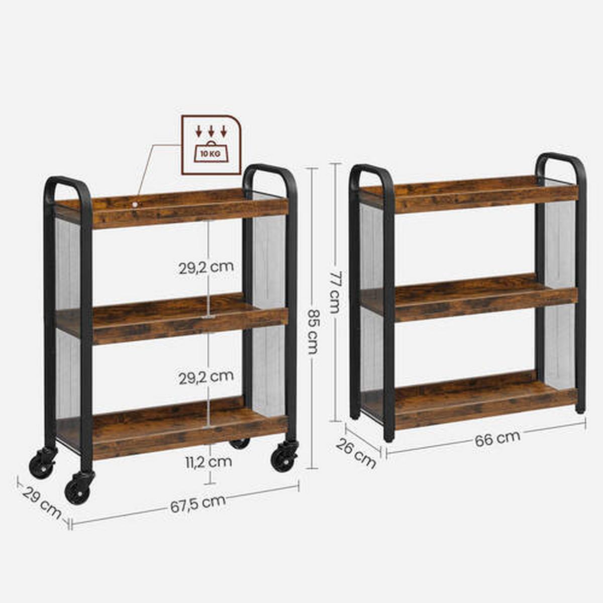 Allzweckwagen Vasagle 3 Fächer, Braun, Schwarz - Schwarz/Braun, Trend, Holzwerkstoff/Metall (66/85/26cm) - Boxxx