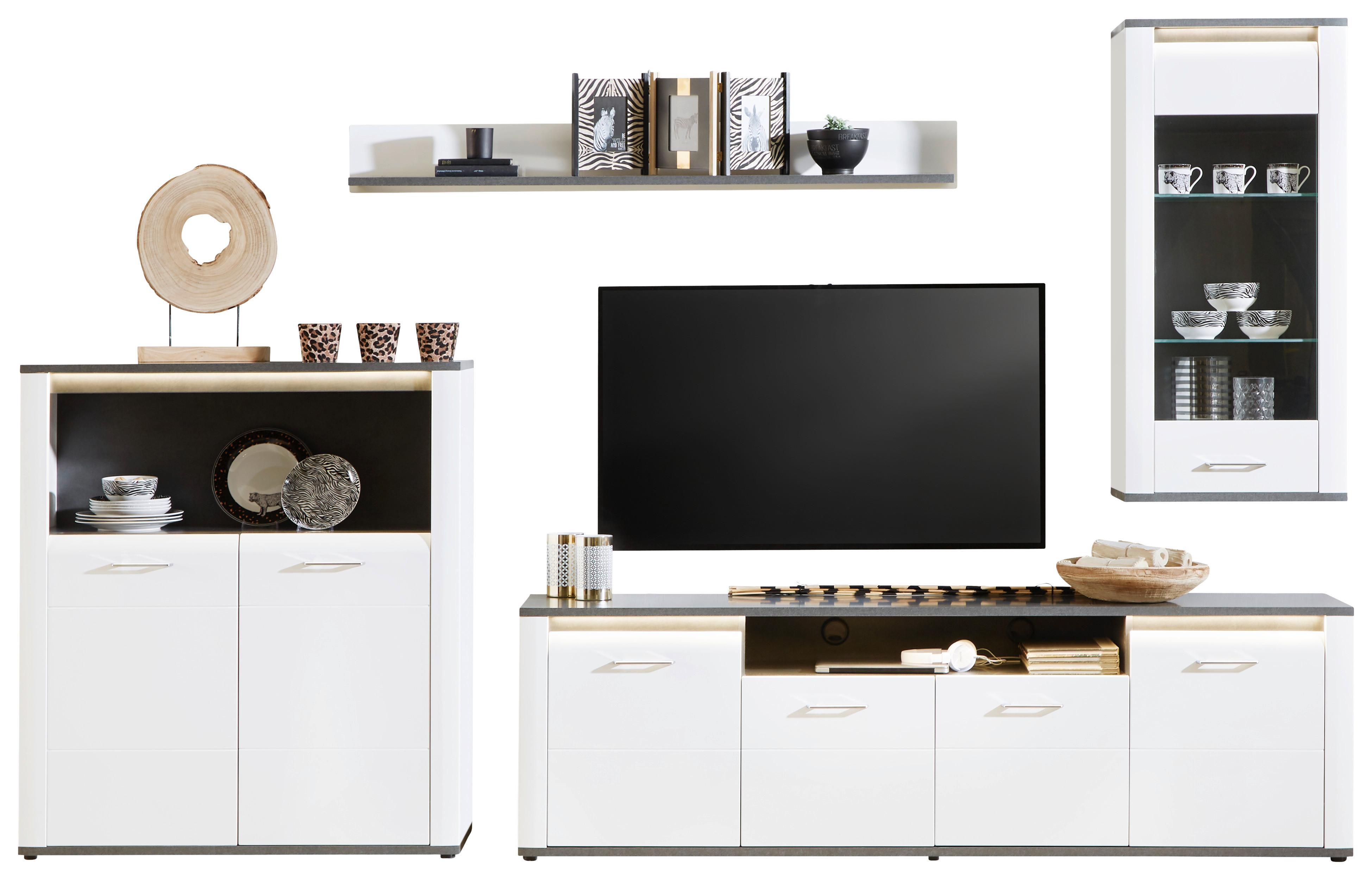 Wohnkombination Modern 4 -Teilig. mit Led Alassio 2, Weiß/Matera