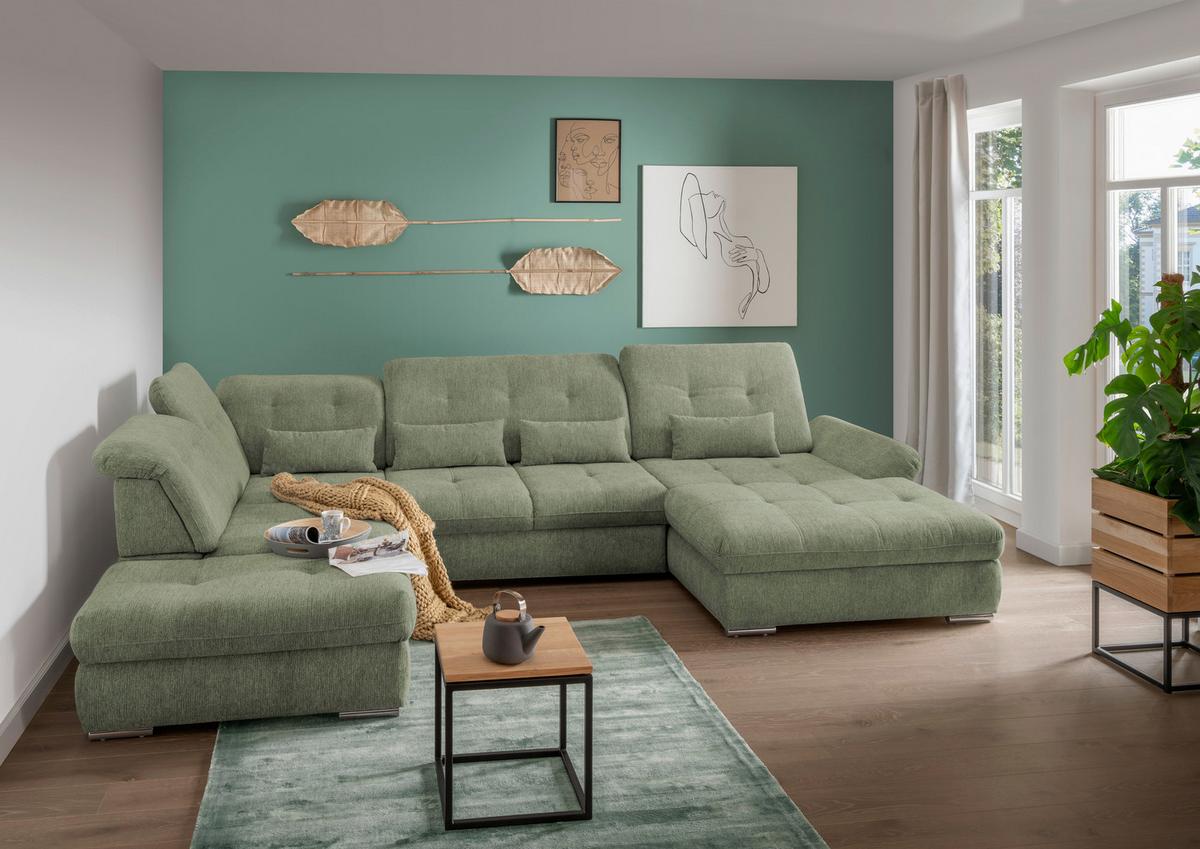 Wohnlandschaft Dalida Mit Schlaffunktion Grün - Chromfarben/Grün, Design, Textil (254/376/195cm) - Livetastic