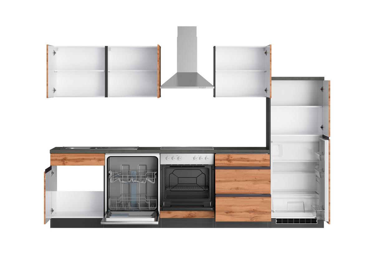 Küchenzeile Turin mit Geräte B: 300 cm Graphitfarben/Eiche - Eiche Wotan/Graphitfarben, Design, Holzwerkstoff (300cm) - Held