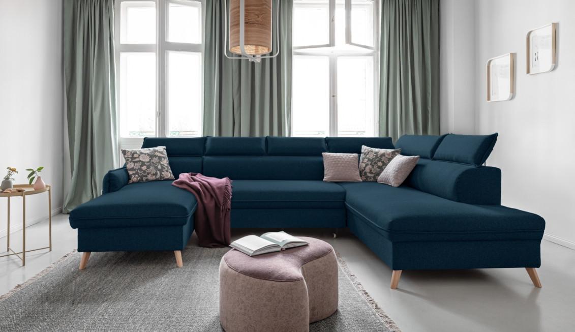 Rozkladacia sedačka Simone, pravé prevedenie - prírodná farba/tmavomodrá, Modern, drevo/textil (321/82/95/208cm)