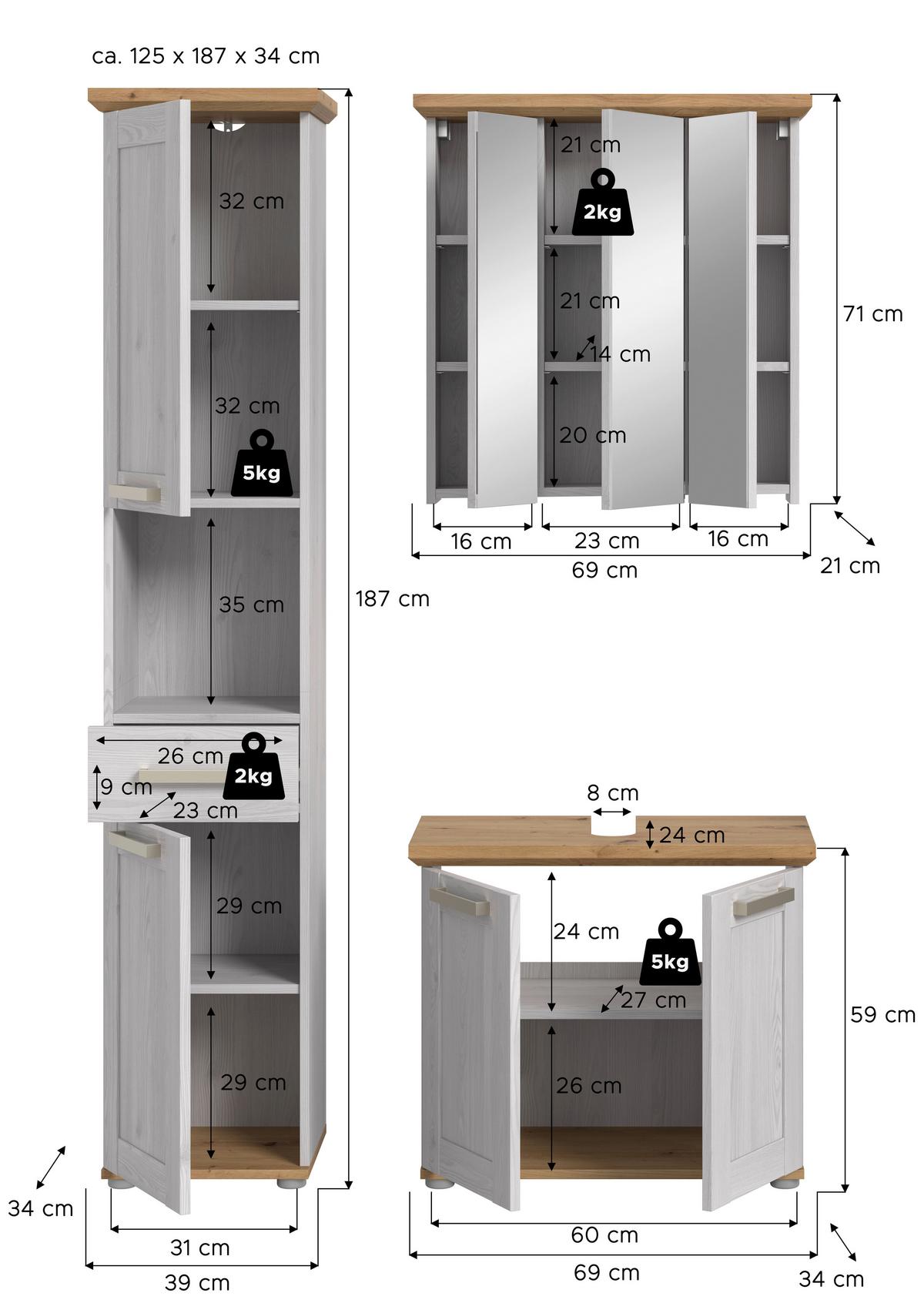 Badezimmer Verona Lärchefarben/Eiche D. B: 108cm - Silberfarben/Lärchefarben, Trend, Glas/Holzwerkstoff (108cm) - MID.YOU