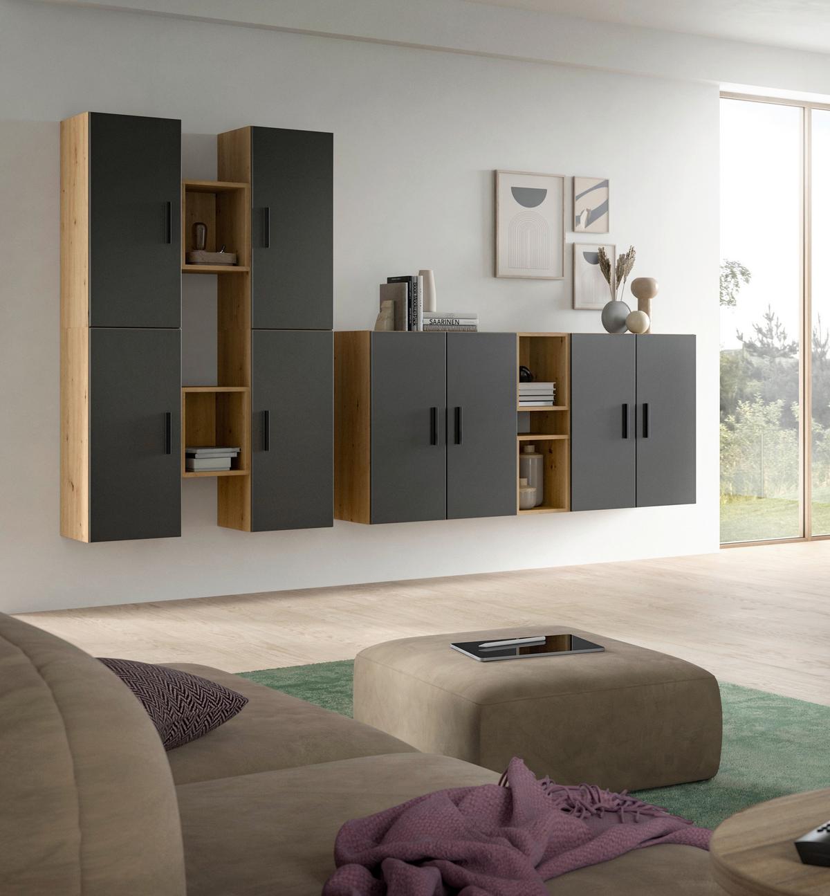 Wohnwand, The One 5, B: 270 cm Grau/Artisan Eiche Dekor - Schwarz/Eiche Artisan, Trend, Holzwerkstoff (270/182/34cm)