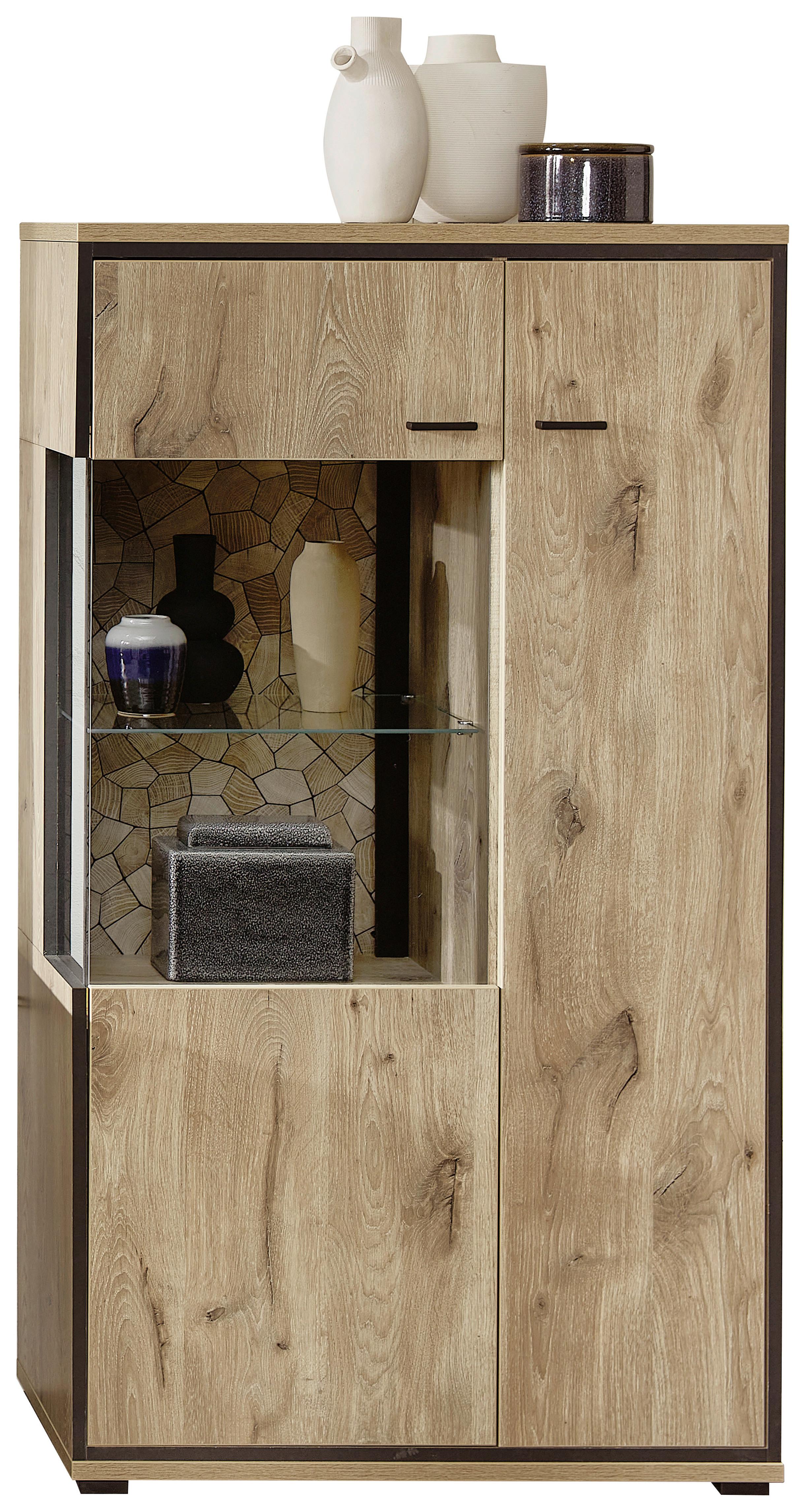 Vitrine Ruben - Eichefarben/Schwarz, KONVENTIONELL, Glas/Holzwerkstoff (80/144/40cm) - Livetastic