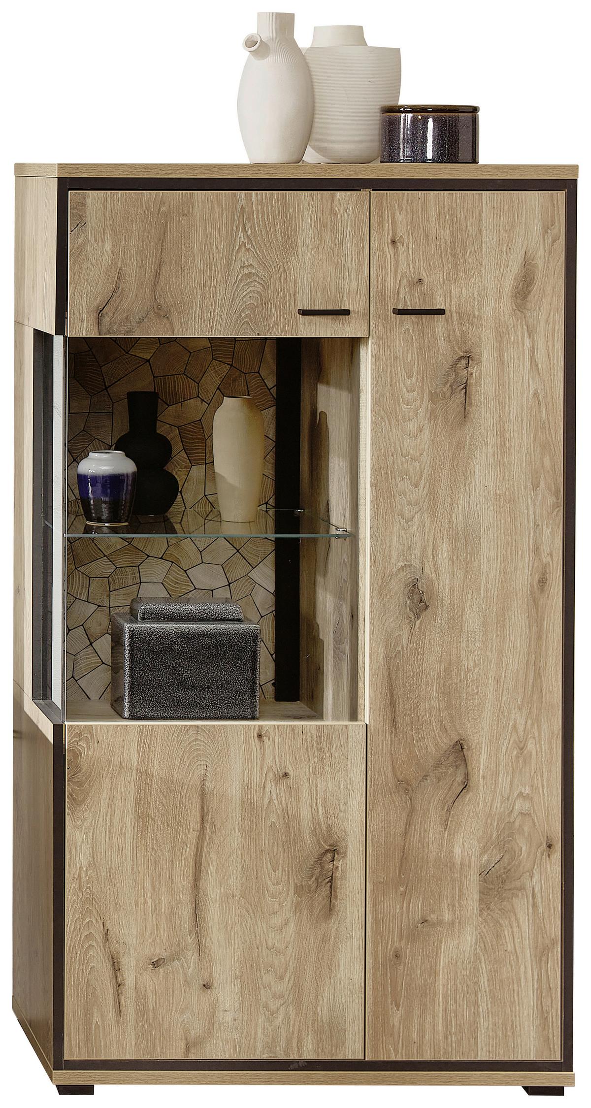 Vitrine Ruben - Eichefarben/Schwarz, KONVENTIONELL, Glas/Holzwerkstoff (80/144/40cm) - Livetastic