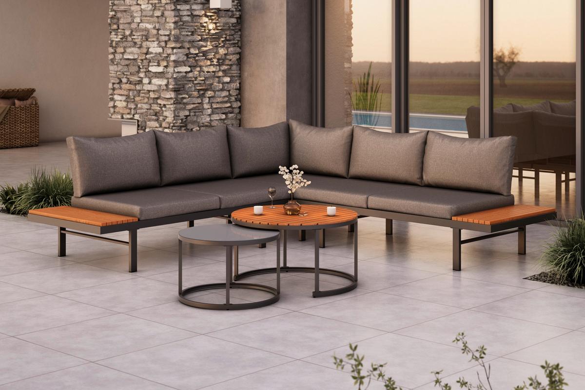 Loungegarnitur 4-Tlg. Zürich Holz/Metall/Glas mit Kissen - Naturfarben/Grau, MODERN, Glas/Holz (261/261cm) - Beldano