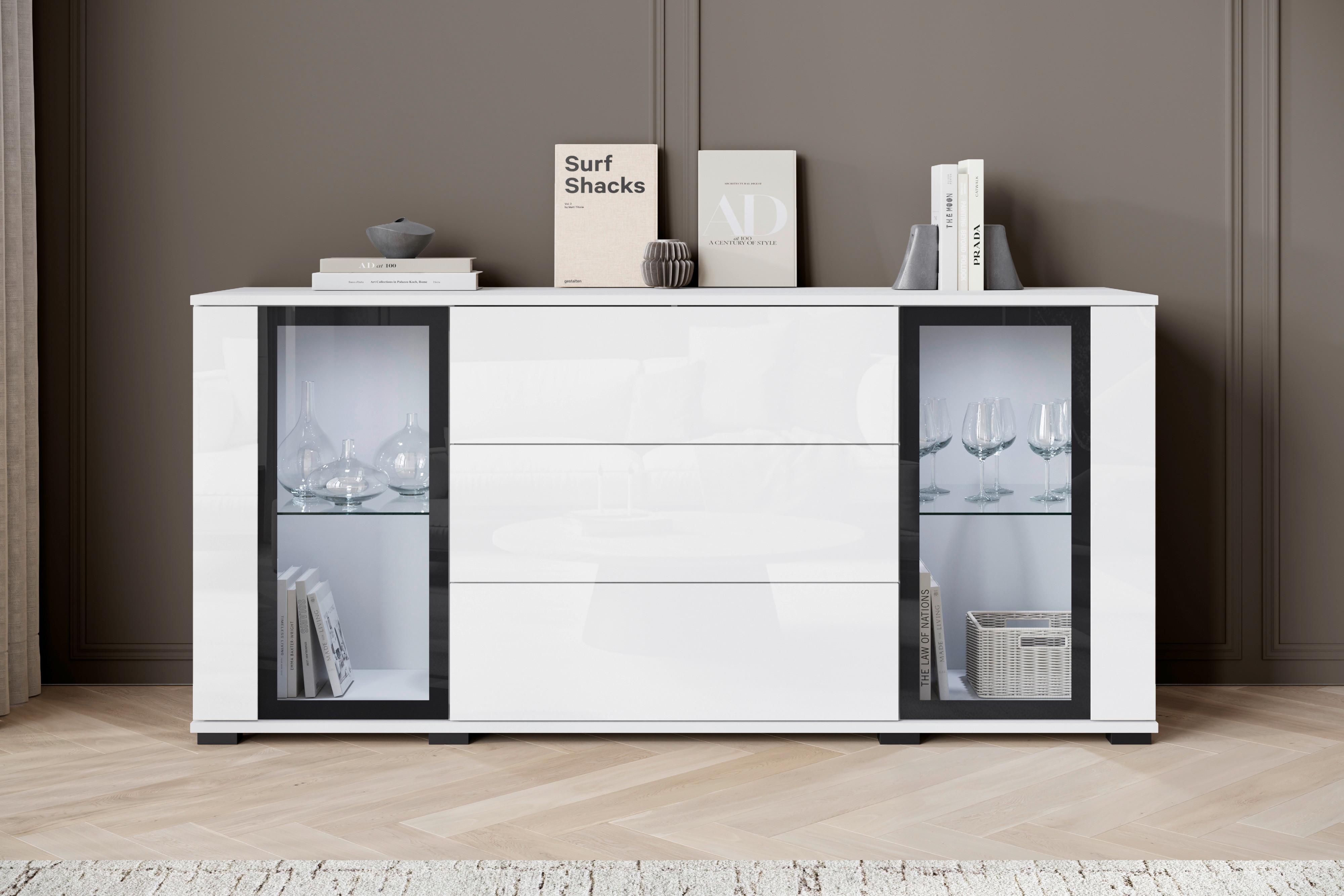 Kommode Caro Weiß B: 150 cm - Weiß Hochglanz/Schwarz, Design, Glas/Holzwerkstoff (150/69,7/39,5cm) - P & B