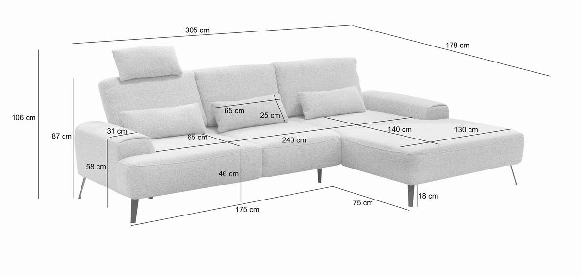 Ecksofa Astoria, Dunkelgrau Schenkel: 305x178 cm - Dunkelgrau/Schwarz, Design, Textil (305/178cm) - Livetastic