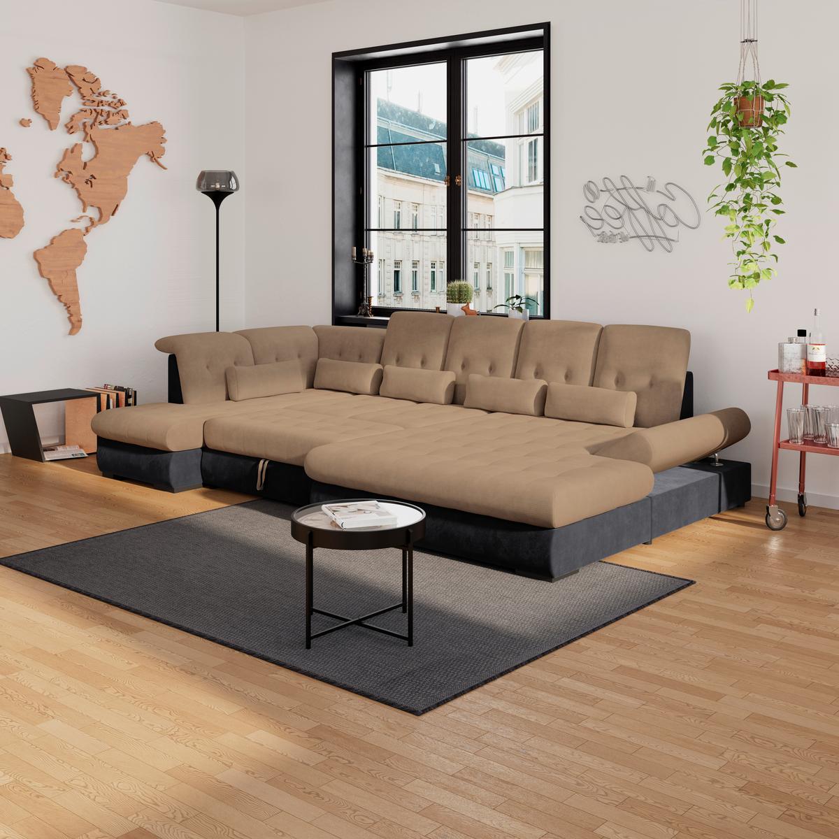 Wohnlandschaft Madera Mit Schlaffunktion Dunkelbraun - Dunkelbraun/Anthrazit, KONVENTIONELL, Kunststoff/Textil (212/358/190cm)