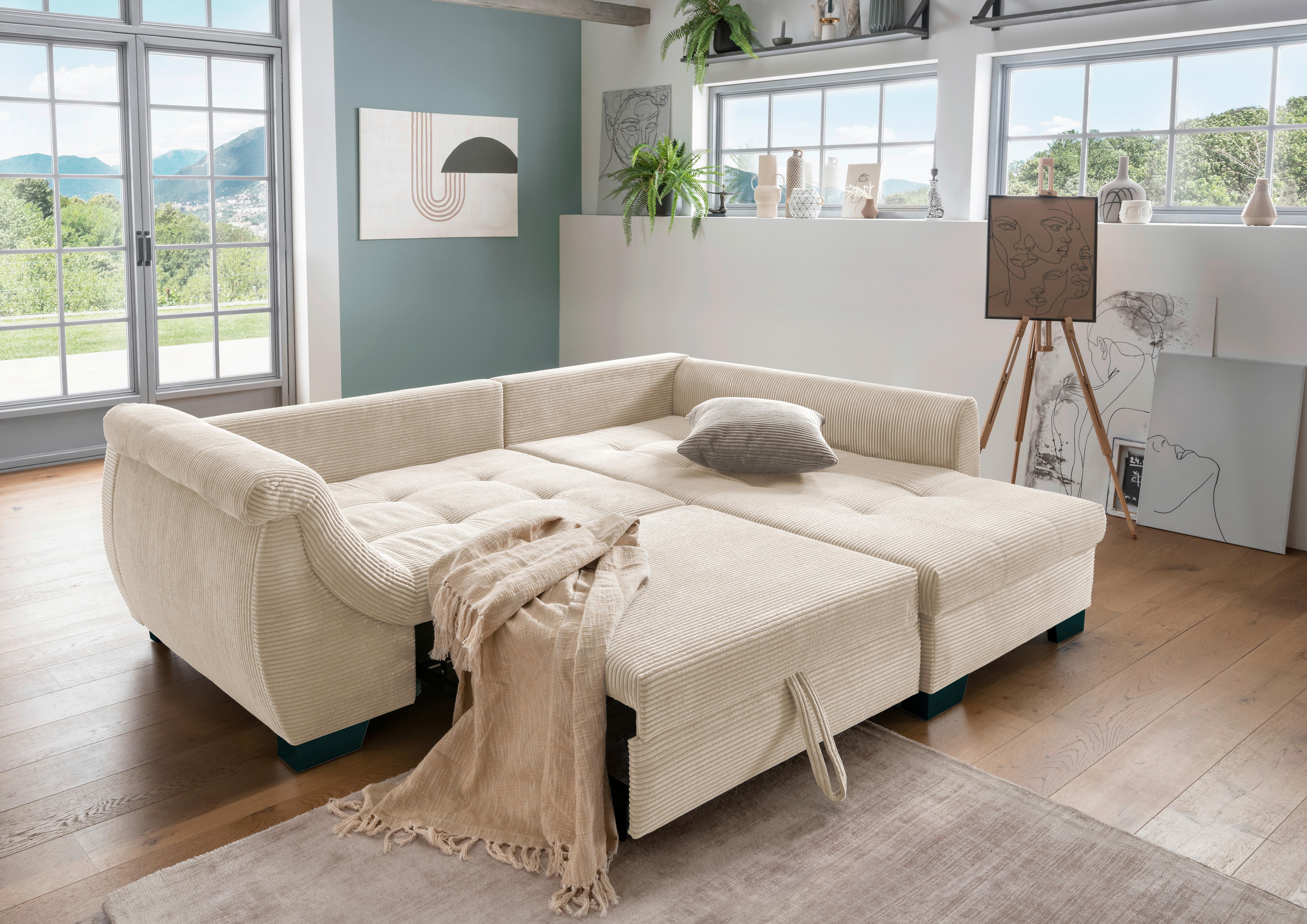 Beigefarbenes Ecksofa mit Bezug aus Cordstoff und Schlaffunktion