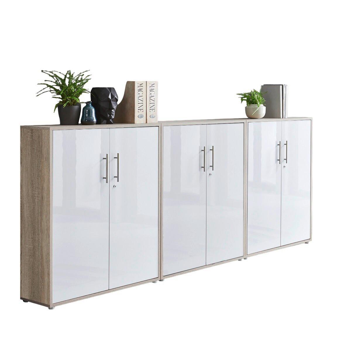 Aktenschrank Office Edition Weiß Hg/Eiche Dekor B: 253,2cm - Weiß Hochglanz/Sonoma Eiche, MODERN, Holzwerkstoff (253,2/113,6/33cm) - MID.YOU