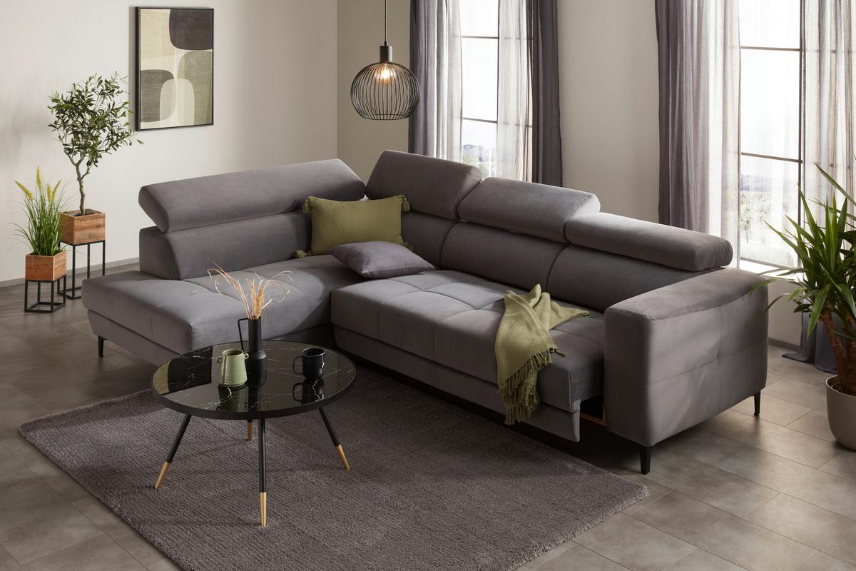 Rohová sedačka EMMA, ľavá, sivá,nast.op.hl,USB,el.výsuv - čierna/sivá, Modern, textil (210/301cm) - Premium Living