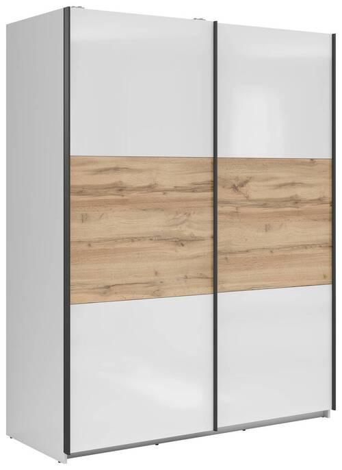 Schwebetürenschrank 153,5cm Tetrix Weiß Hochglanz - Weiß Hochglanz/Eiche Wotan, MODERN, Holzwerkstoff (153,5/195,5/60cm) - MID.YOU