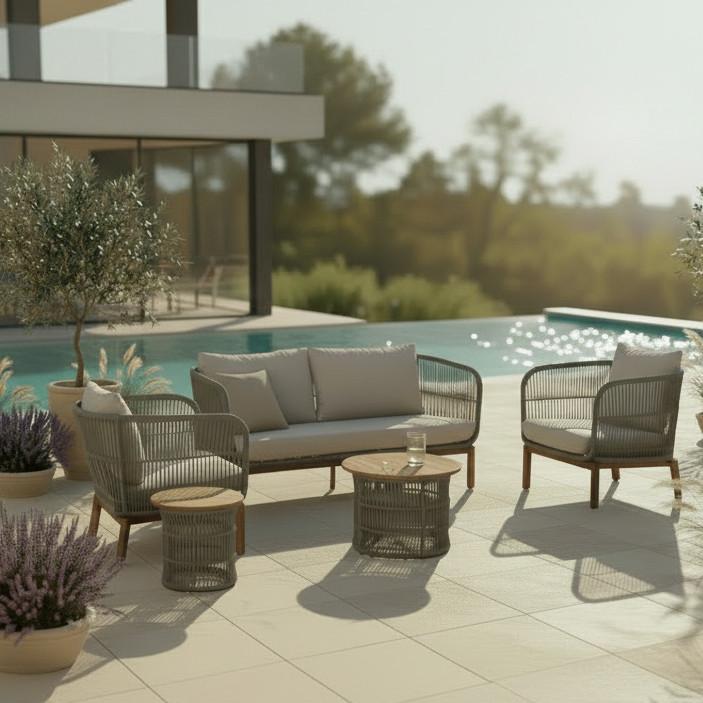 TERASOVÁ SEDACÍ SOUPRAVA MALENE - krémová/přírodní barvy, Moderní, kov/dřevo (168/70,5/80cm) - Bessagi Garden