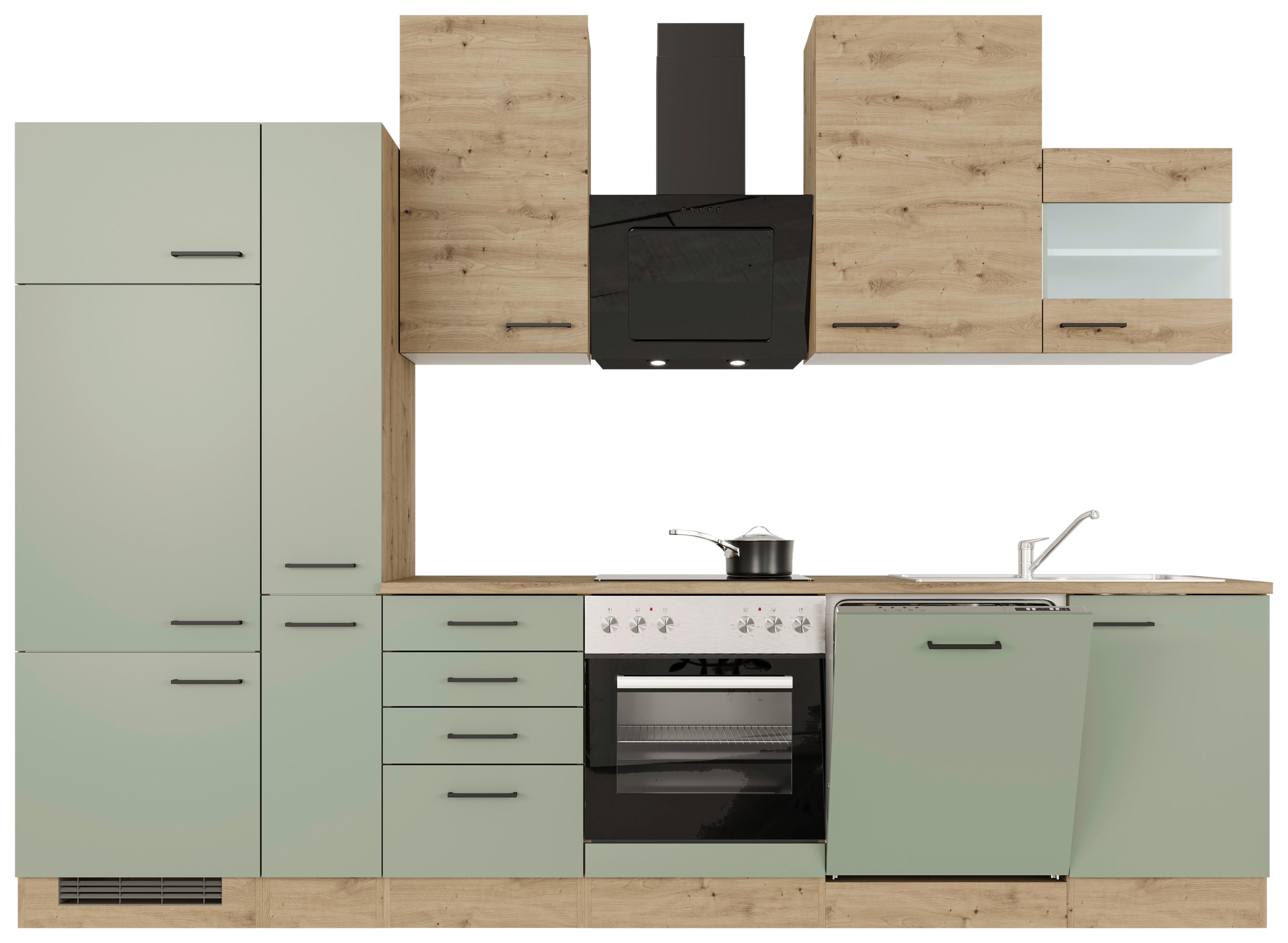 Kuchyňský blok CARA bez spotřebičů, šířka 310 cm - černá/zelená, Konvenční, kov/kompozitní dřevo (310/234/60cm)