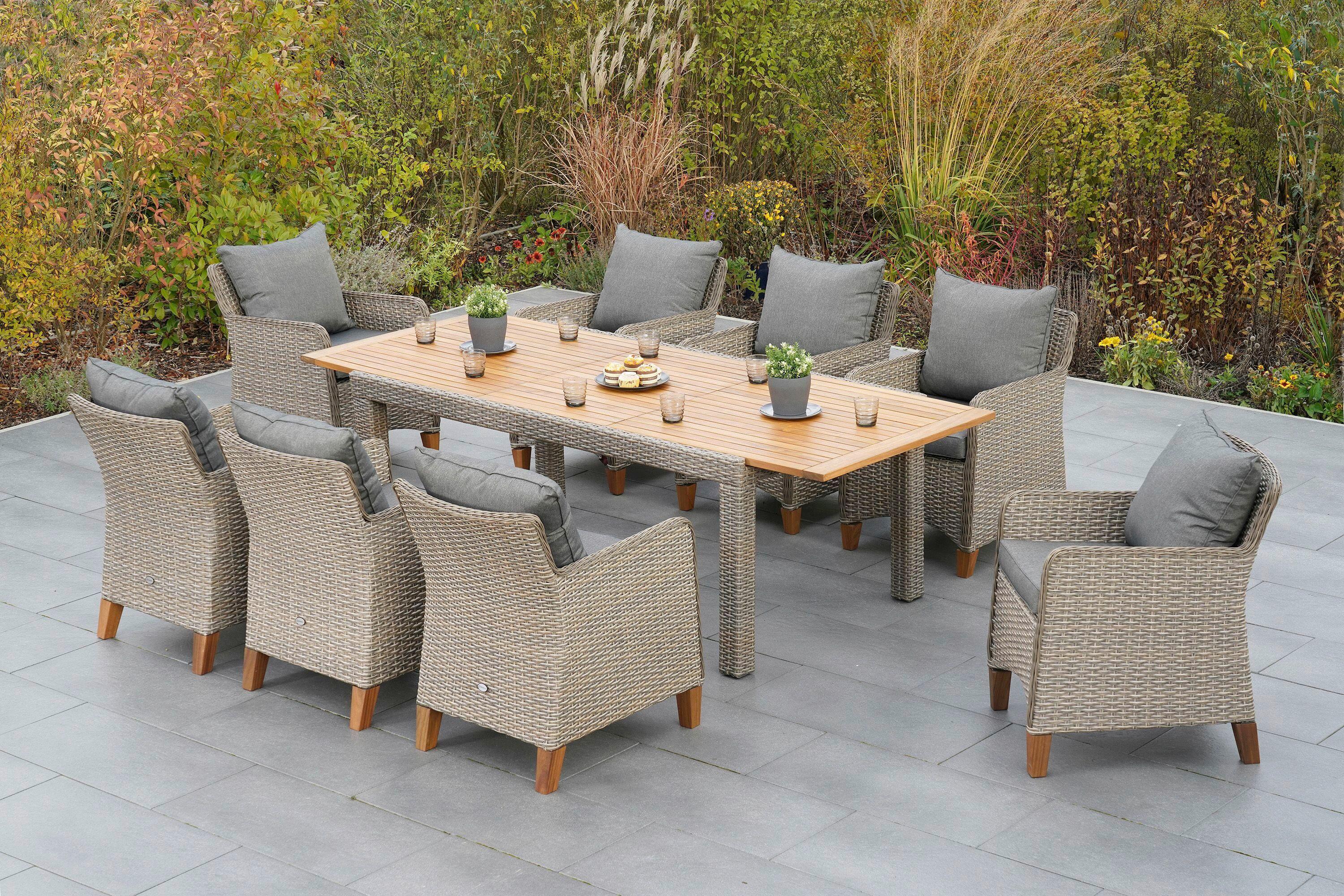 Gartentischgruppe Avellino 9--teilig. Aus Akazie - Beige/Beigebraun, KONVENTIONELL, Holz/Kunststoff - Gardenson