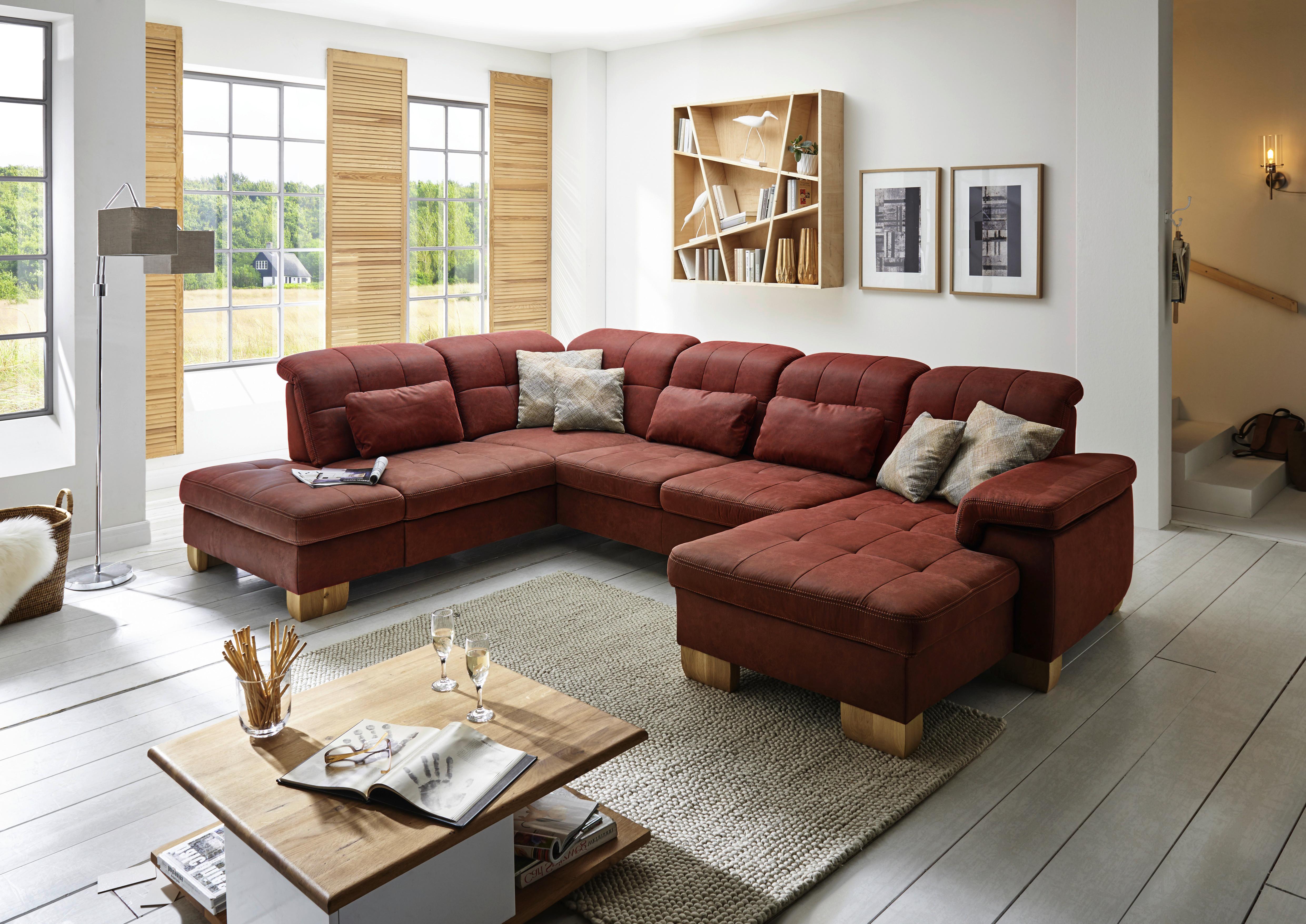 Sedací souprava U ELLA, levá, cihlová, s funkcemi - divoký dub/terracotta, Moderní, dřevo/textil (243/341/185cm)